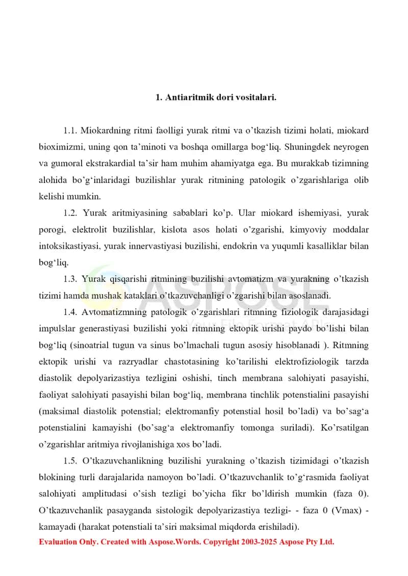 Antiaritmik dori vositalari. Diuretiklar. Siydik kislotasini chiqarishiga ta'sir etuvchi dori vositalari farmakologiyasi. Referat 9 bet. 2
