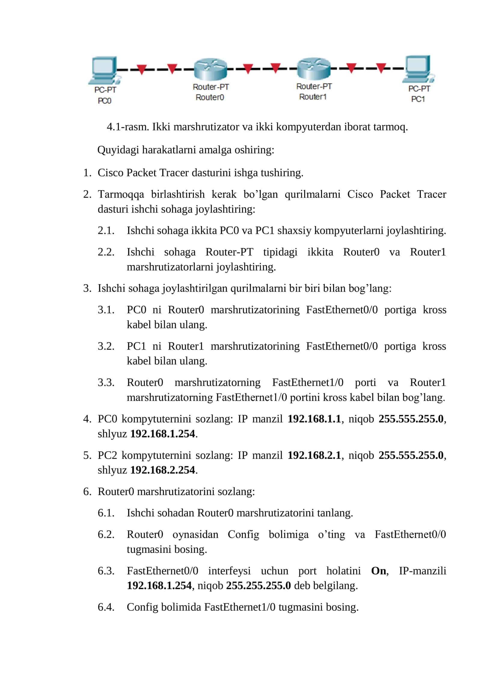 Cisco Packet Tracer dasturida WAN tarmoqlarini loyihalash. Statik  va dinamik marshrutlash. 2