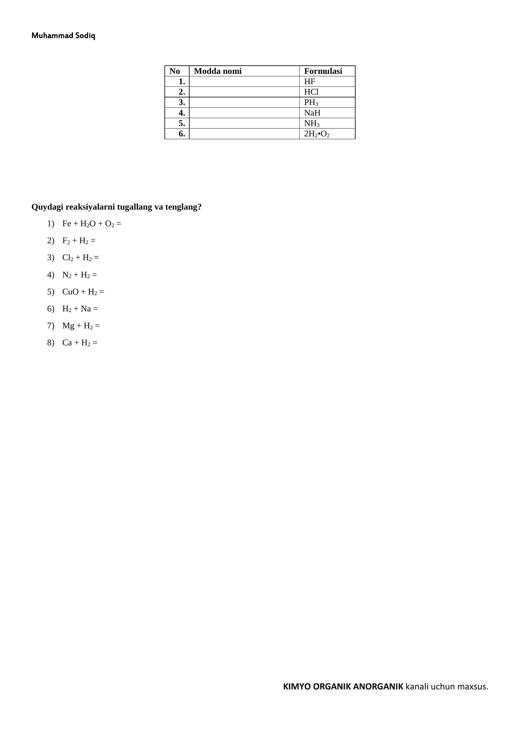 KIMYO ORGANIK ANORGANIK kanali uchun maxsus 2