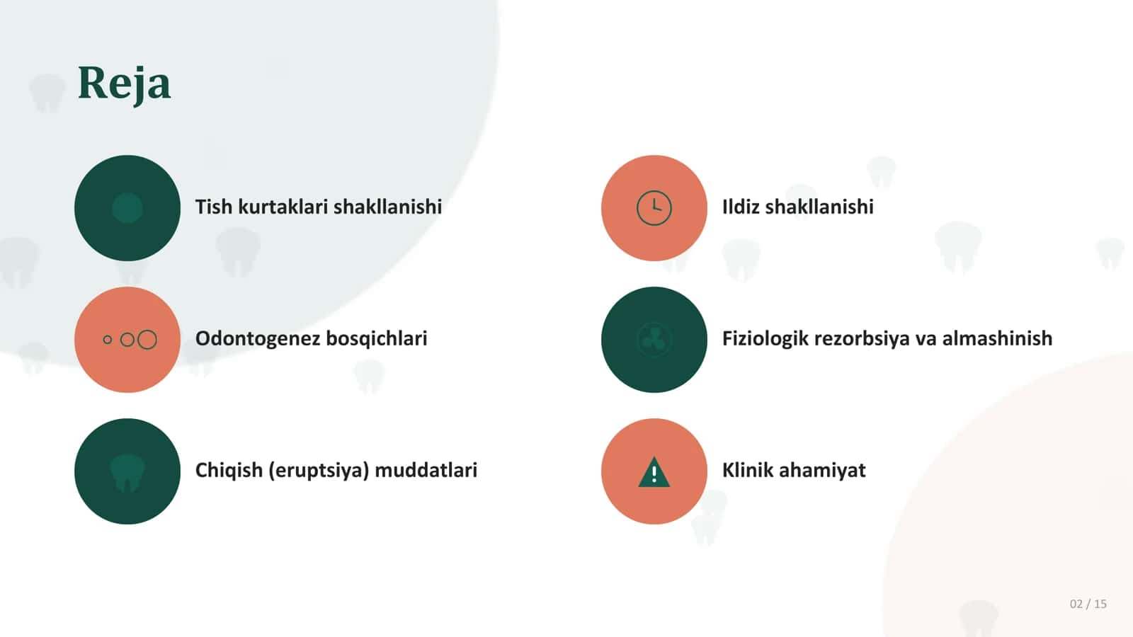 Bolalarda sut tishlarning rivojlanishi, chiqishi, ildizlarinish shakllanish va surilish muddatlari. 2