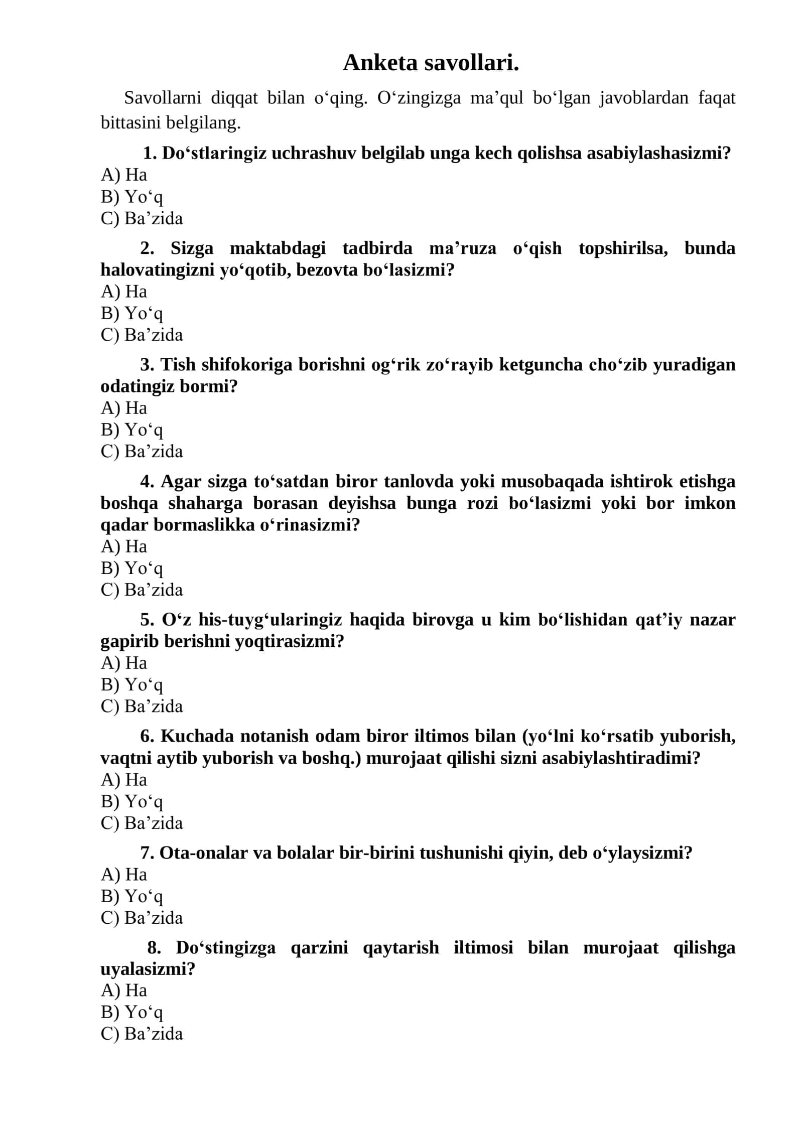 Muloqotchanlikning umumiy darajasini aniqlash so‘rovnomasi 2