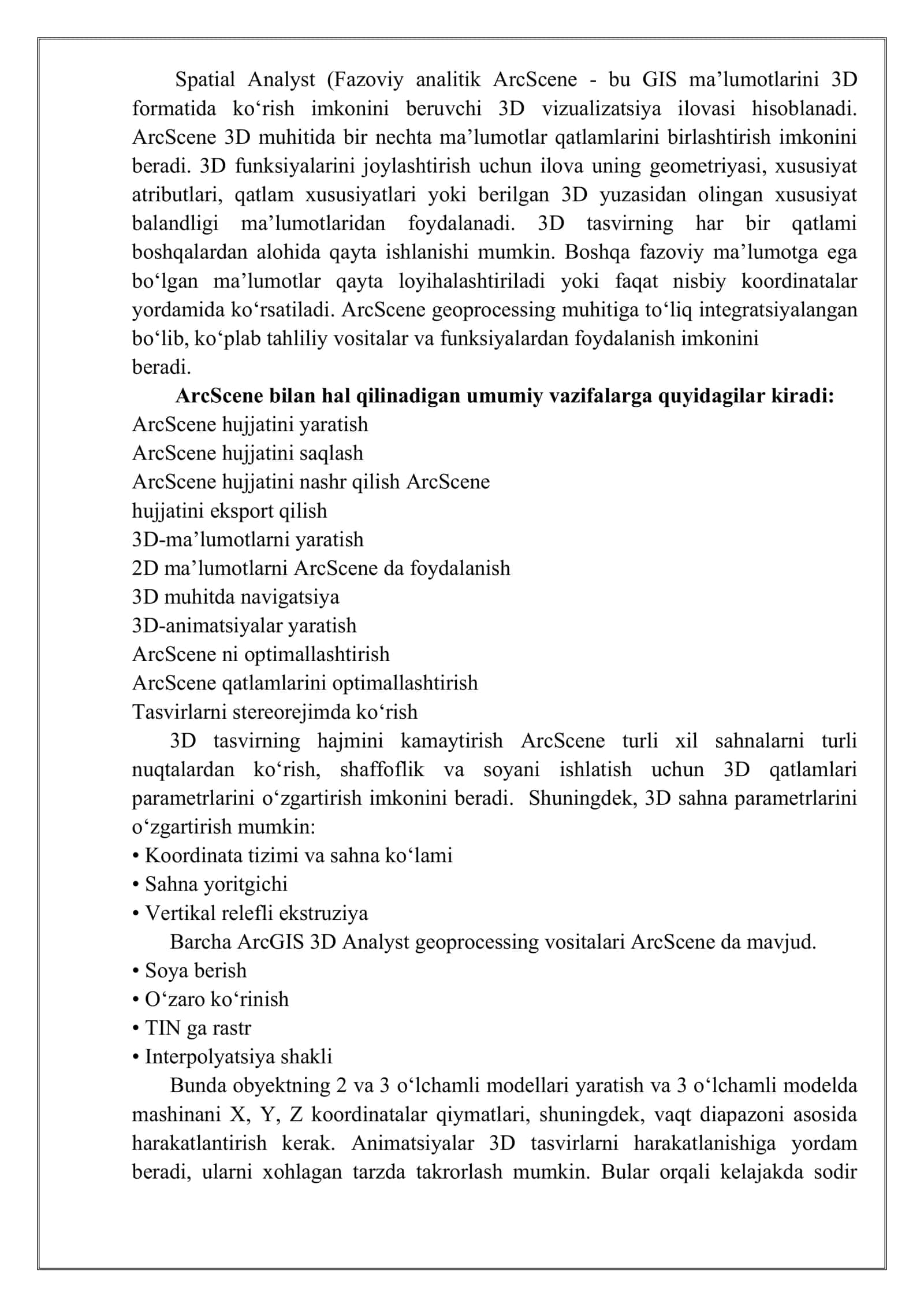 3D Analyst ArcScene moduli va uning qo’llanishi. 3D Analyst ArcScene modulida ishlash va animatsiyon modellar yaratish 2