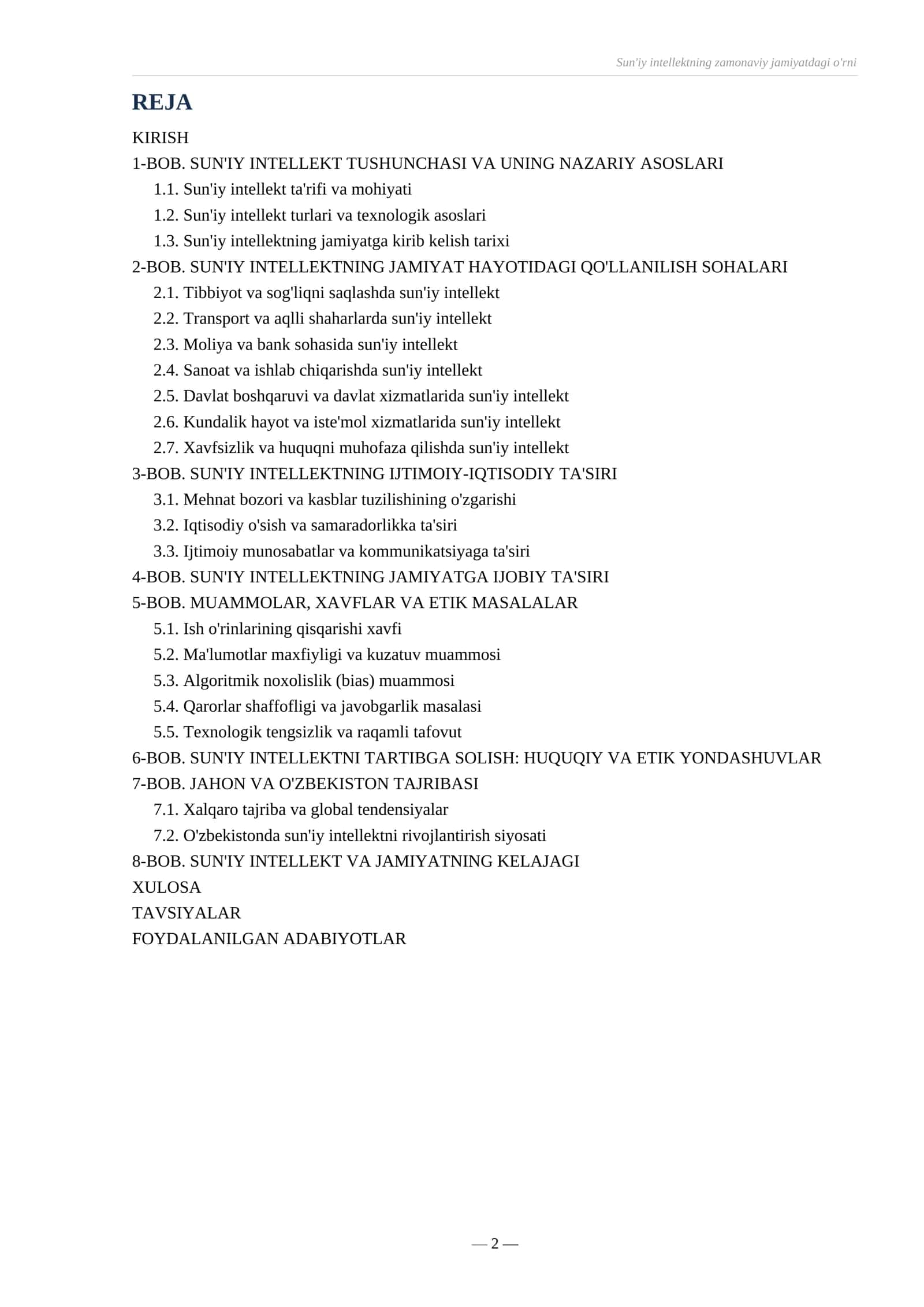 Referat Sun’iy intellektning zamonaviy jamiyatdagi o‘rni 2