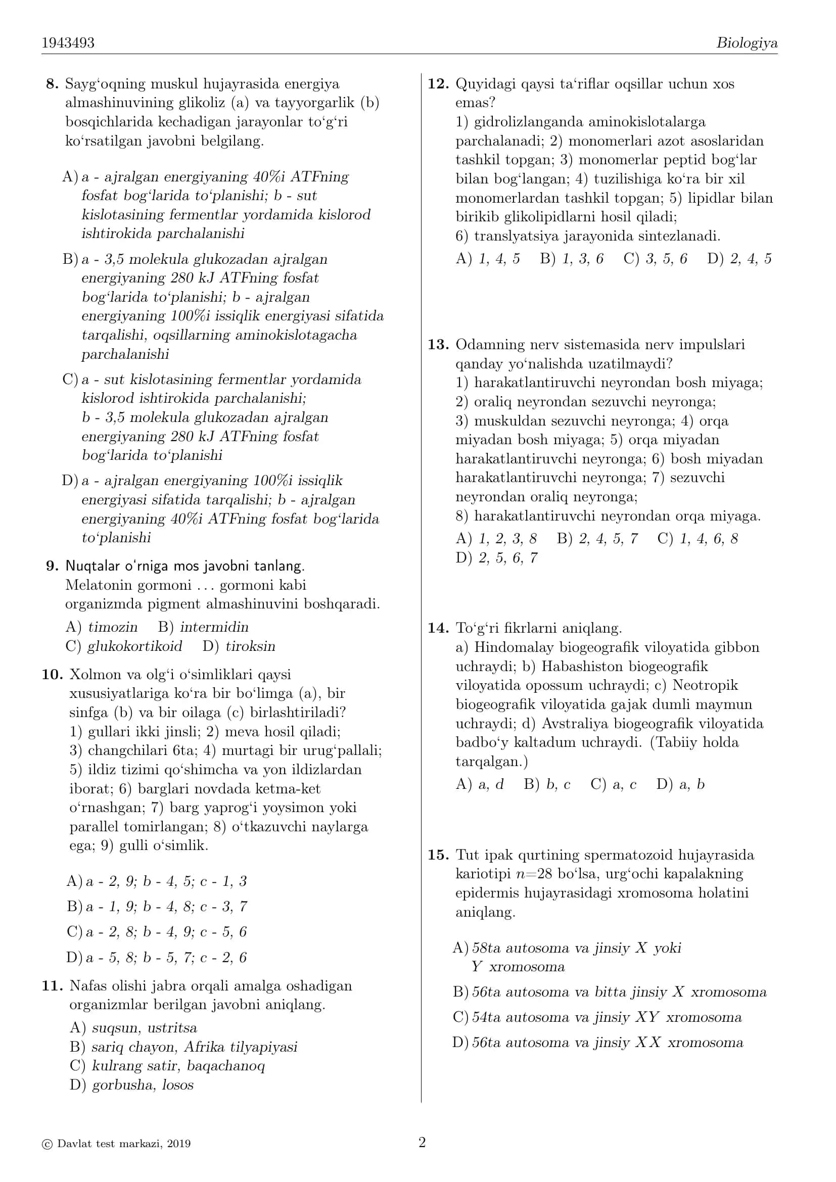 BIOLOGIYA TEST VARIANTI RAQAMI: 1943493 2
