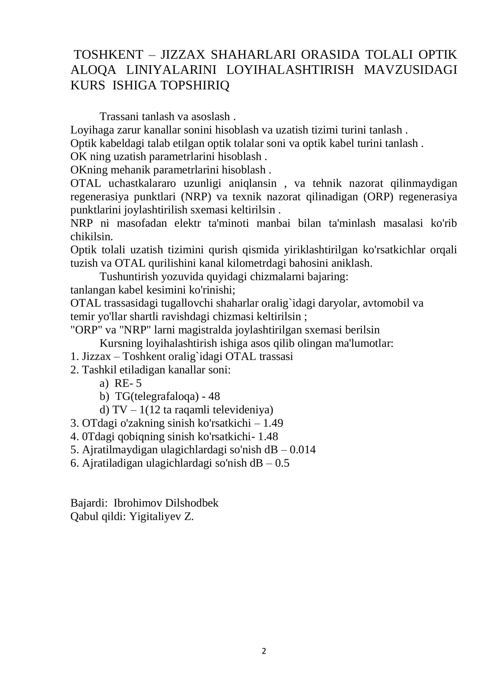 OPTIK ALOQA LINIYALARINI LOYIHALASHTIRISH KURSI 2