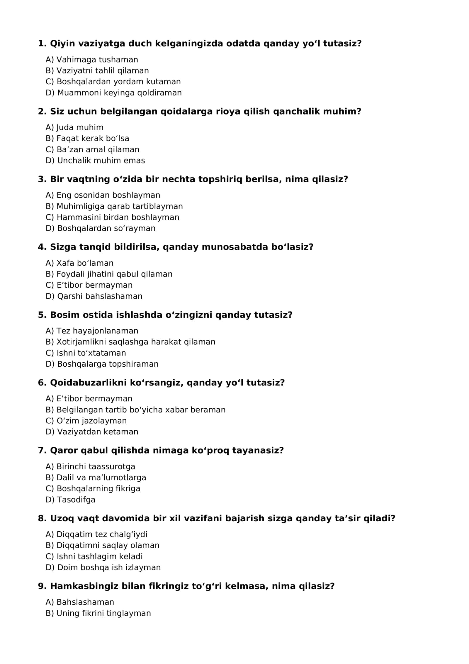 Bojxona psixologik test savollari — 100 ta 2