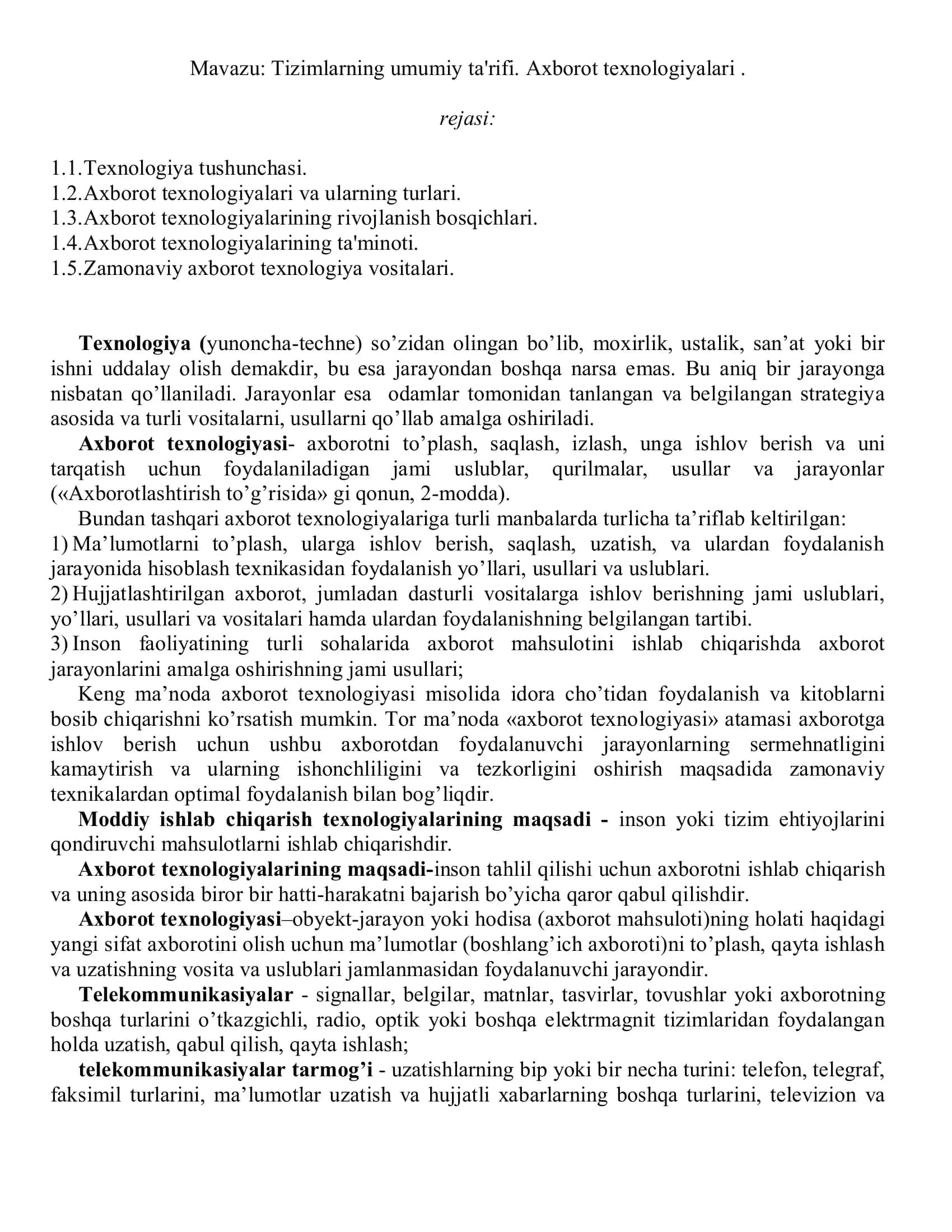 Tizimlarning umumiy ta'rifi. Axborot texnologiyalari 2