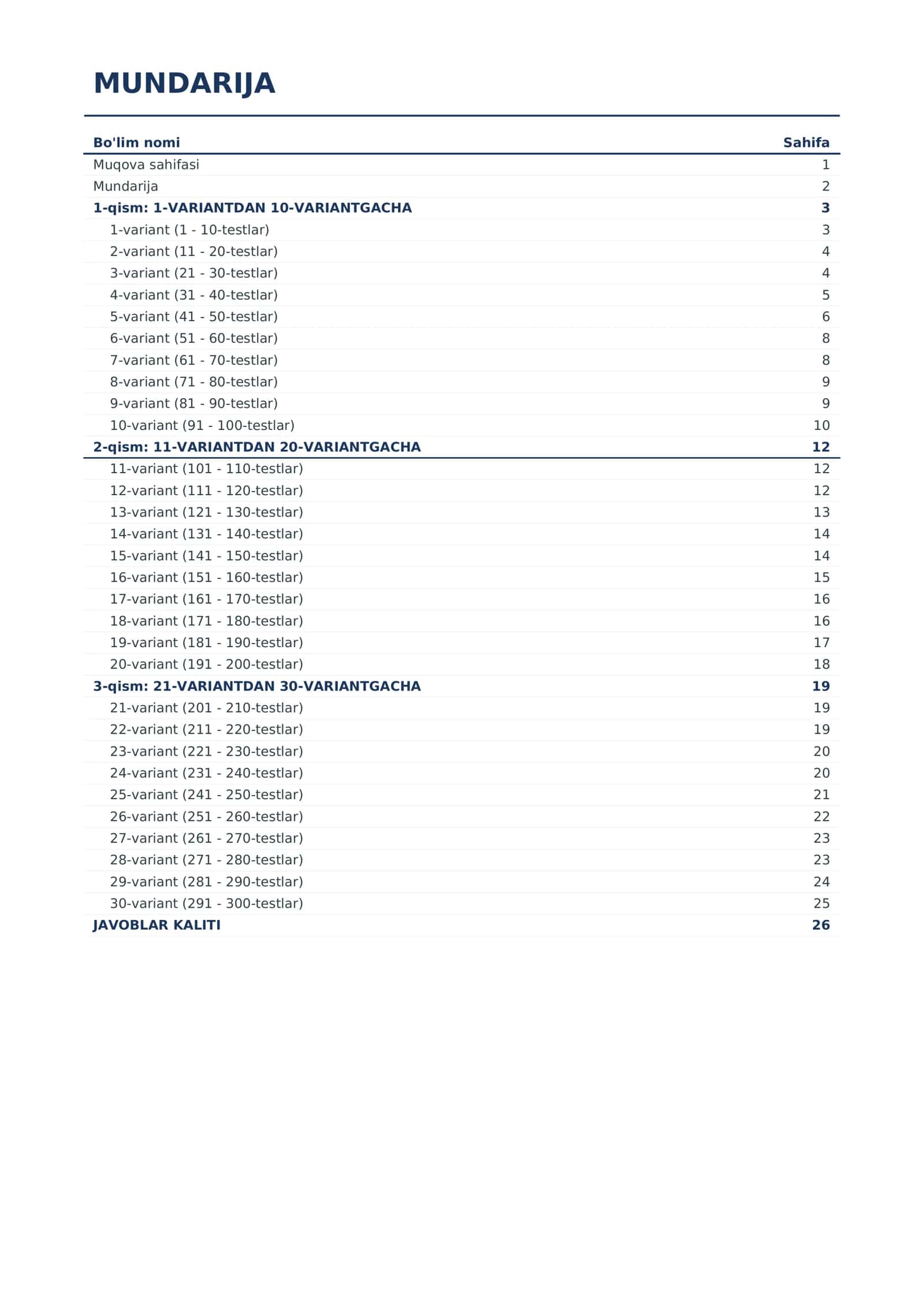 DTM MAJBURIY MATEMATIKA — 30 TA VARIANT | 300 TA TEST + JAVOBLAR KALITI | ABITURIYENTLAR UCHUN PDF 2