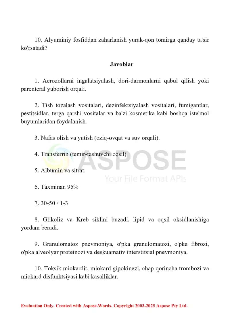 9. Alyuminiy saqlagan moddalarning toksikologik ahamiyati, ajratib olish va tahlil usullari. Savol-javob, 10 ta. 2