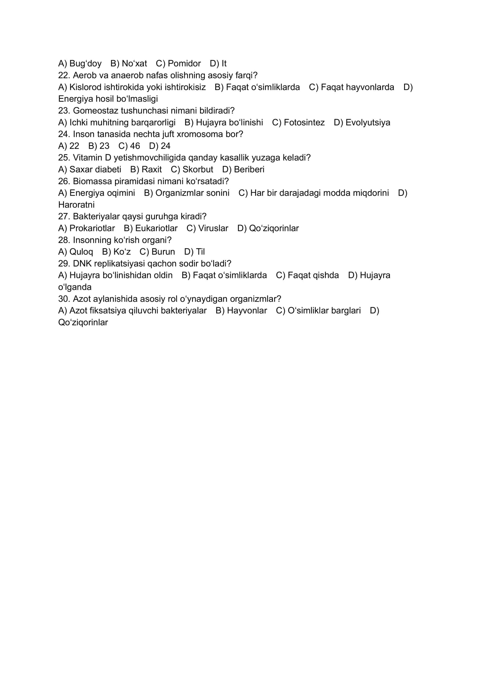 BIOLOGIYA TEST 2