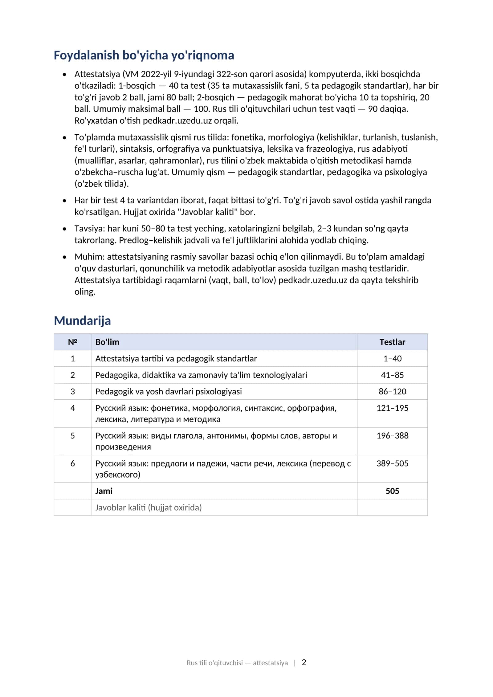 RUS TILI O'QITUVCHISI attestatsiyasi uchun test savollari to'plami (2025–2026) 505 ta test 2