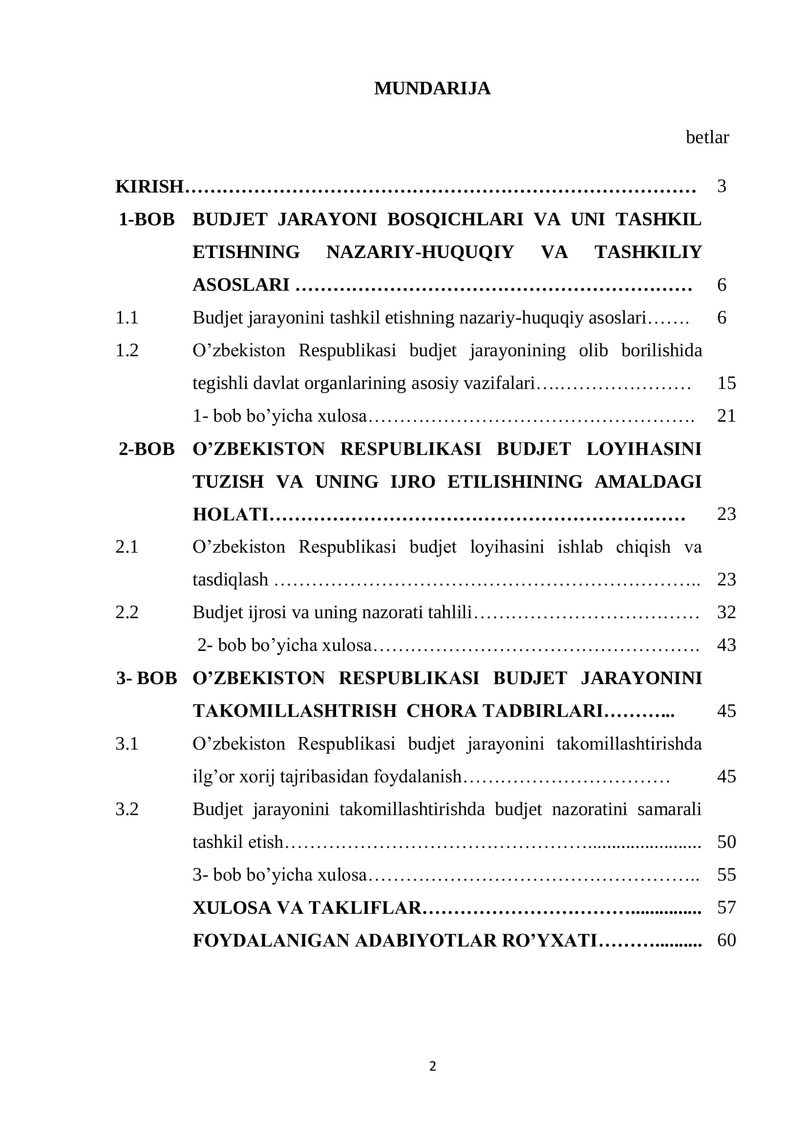 O‘ZBEKISTON RESPUBLIKASI OLIY VA O‘RTA MAXSUS TA’LIM VAZIRLIGI TOSHKENT MOLIYA INSTITUTI MOLIYA-IQTISOD FAKULTETI “MOLIYA” KAFEDRASI BAHRIDDINOVA MALOHAT BAHRIDDIN QIZI «O’ZBEKISTON RESPUBLIKASINING BUDJET JARAYONINI TAKOMILLASHTIRISH MASALALARI» 2
