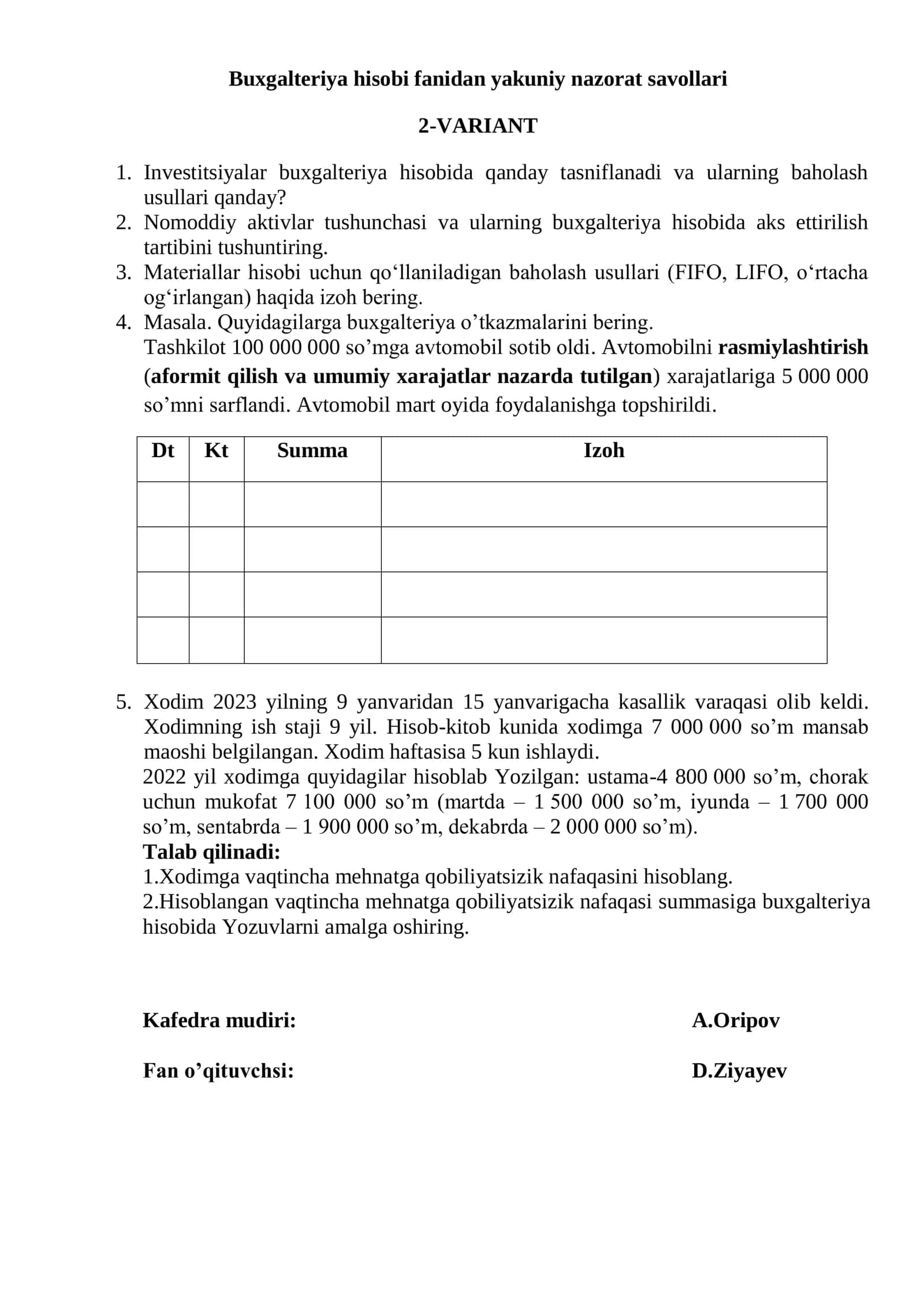 Moliya hisob fanidan yakuniy nazorat savollari 1-VARIANT 2