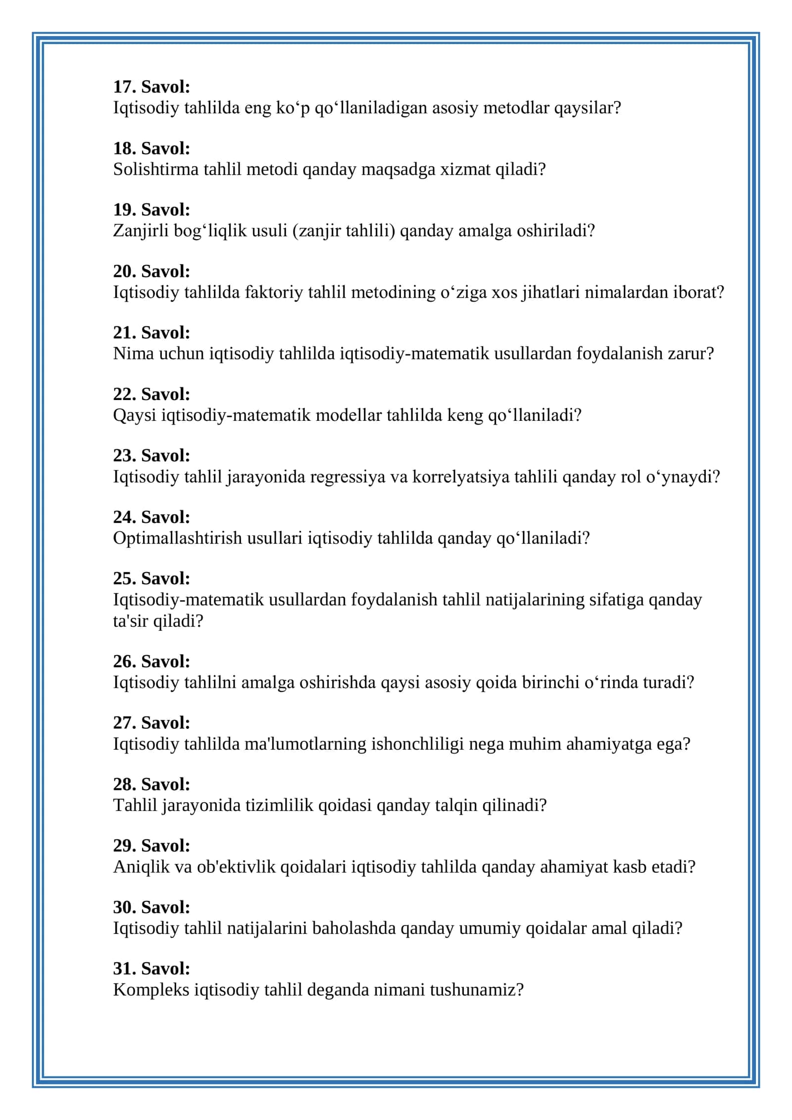 Iqtisodiy Tahlil savol va javob 2