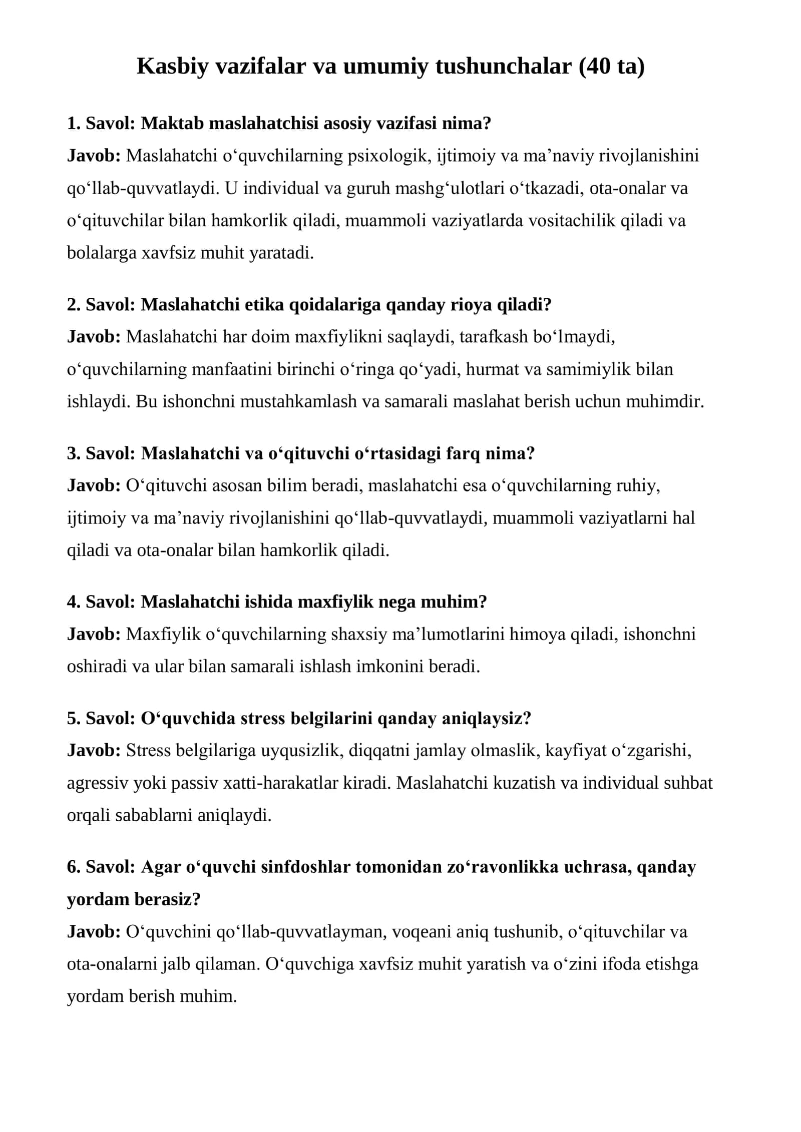 Maktab maslahatchisi suhbat savollari va javoblari (Muallif Roziboyev Jahongir) 2