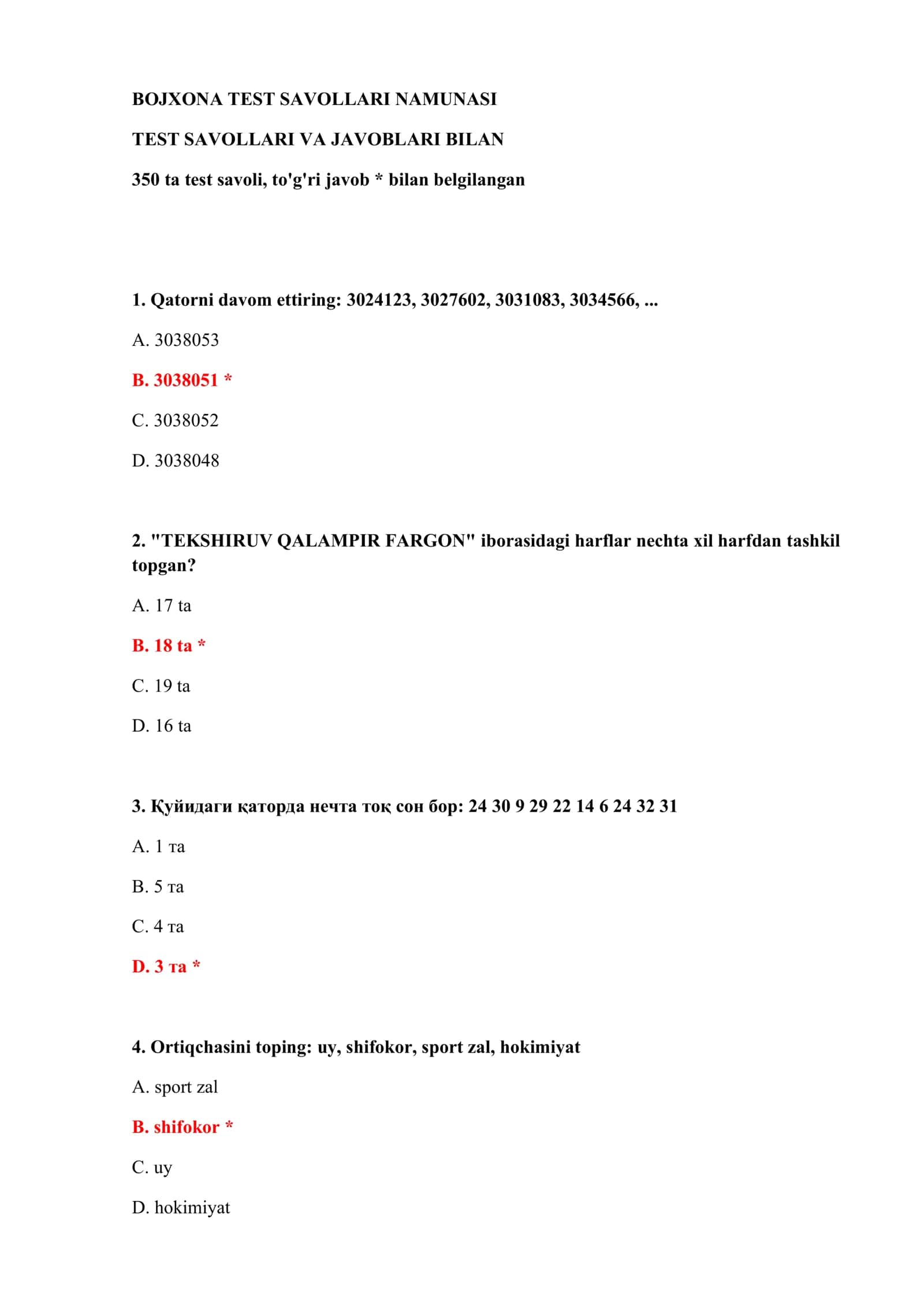 BOJXONA TEST SAVOLLARI NAMUNASI 2