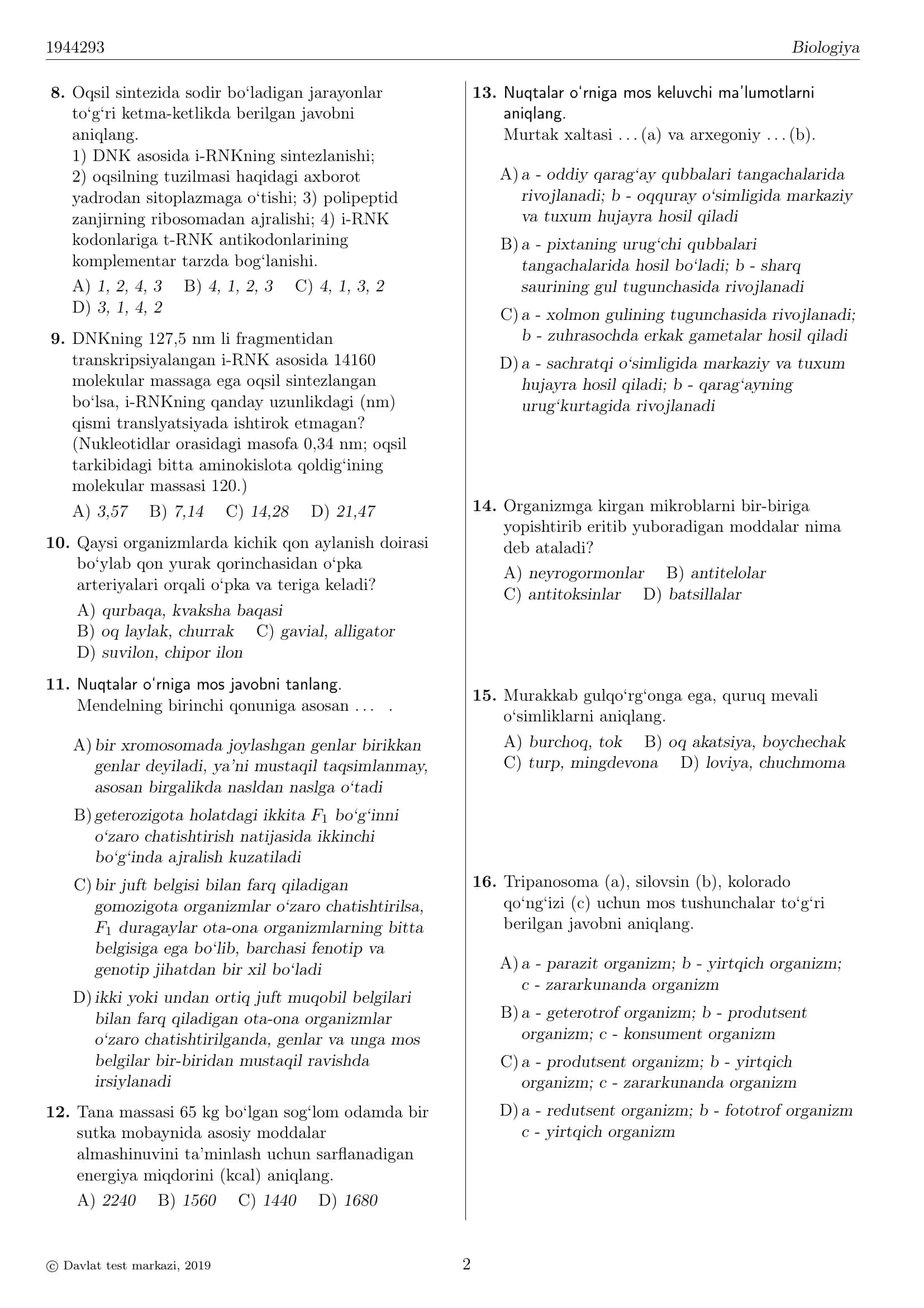 BIOLOGIYA TEST VARIANTI RAQAMI: 1944293 2