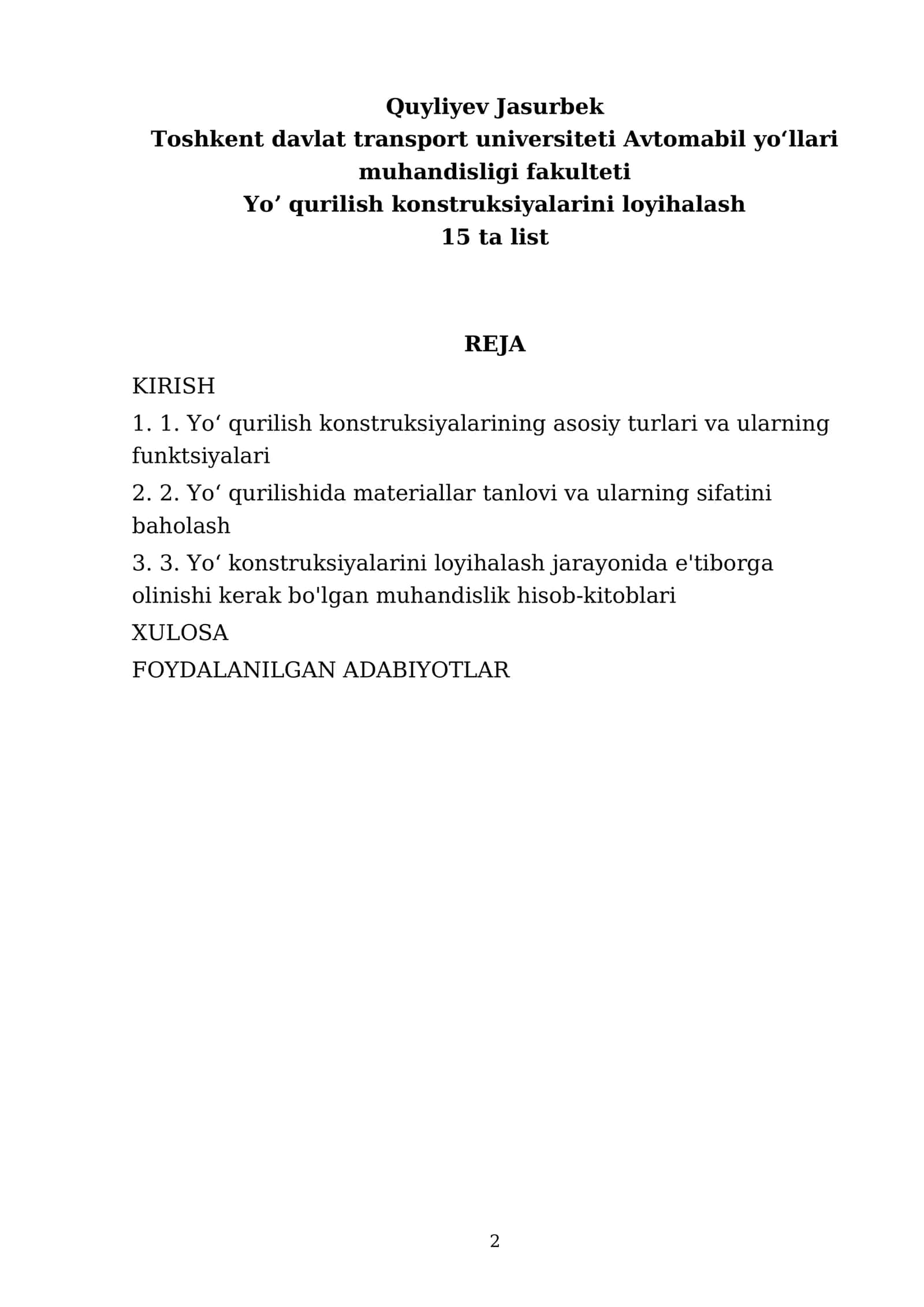 Yoʼ qurilish konstruksiyalarini loyihalash 2