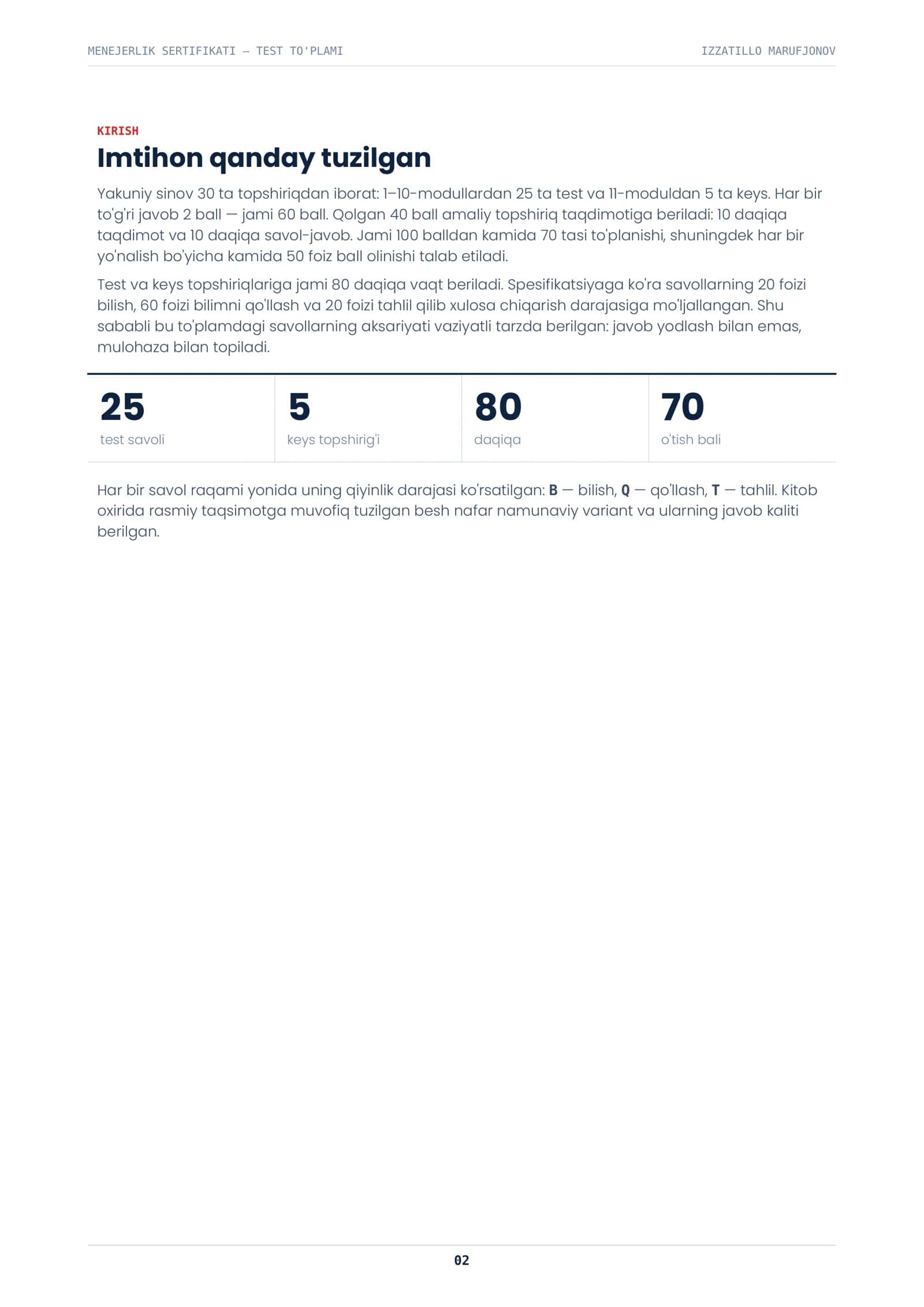 MENEJERLIK SERTIFIKATI — TEST TO'PLAMI 2