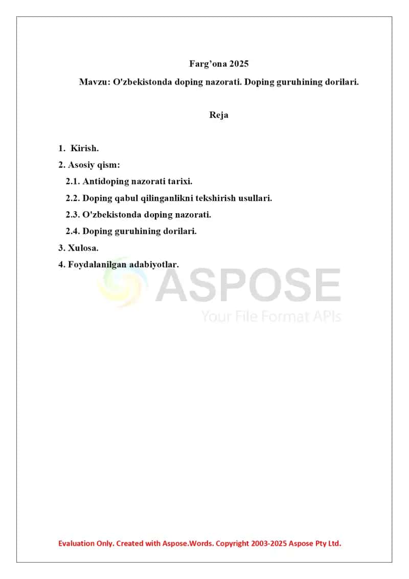 10. O'zbekistonda doping nazorati. Doping guruhining dorilari. Referat 16 bet. 2