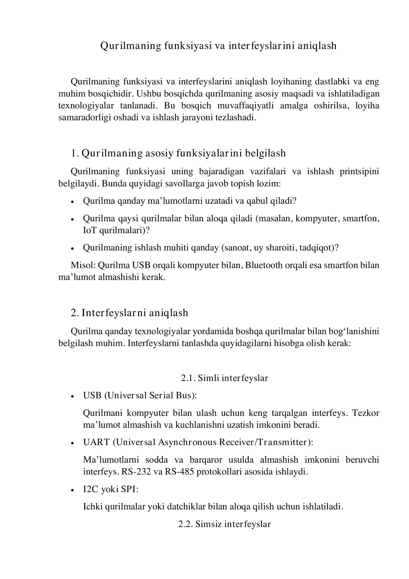 Turli interfeyslar orqali aloqa qiluvchi qurilmalami yasash referat 2