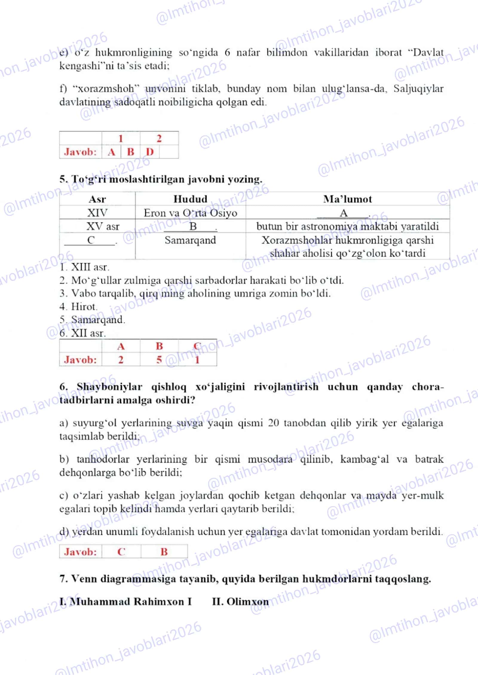 11-sinf Oʻzbekiston tarixi 4-variant  Imtihon javoblari 2026 2