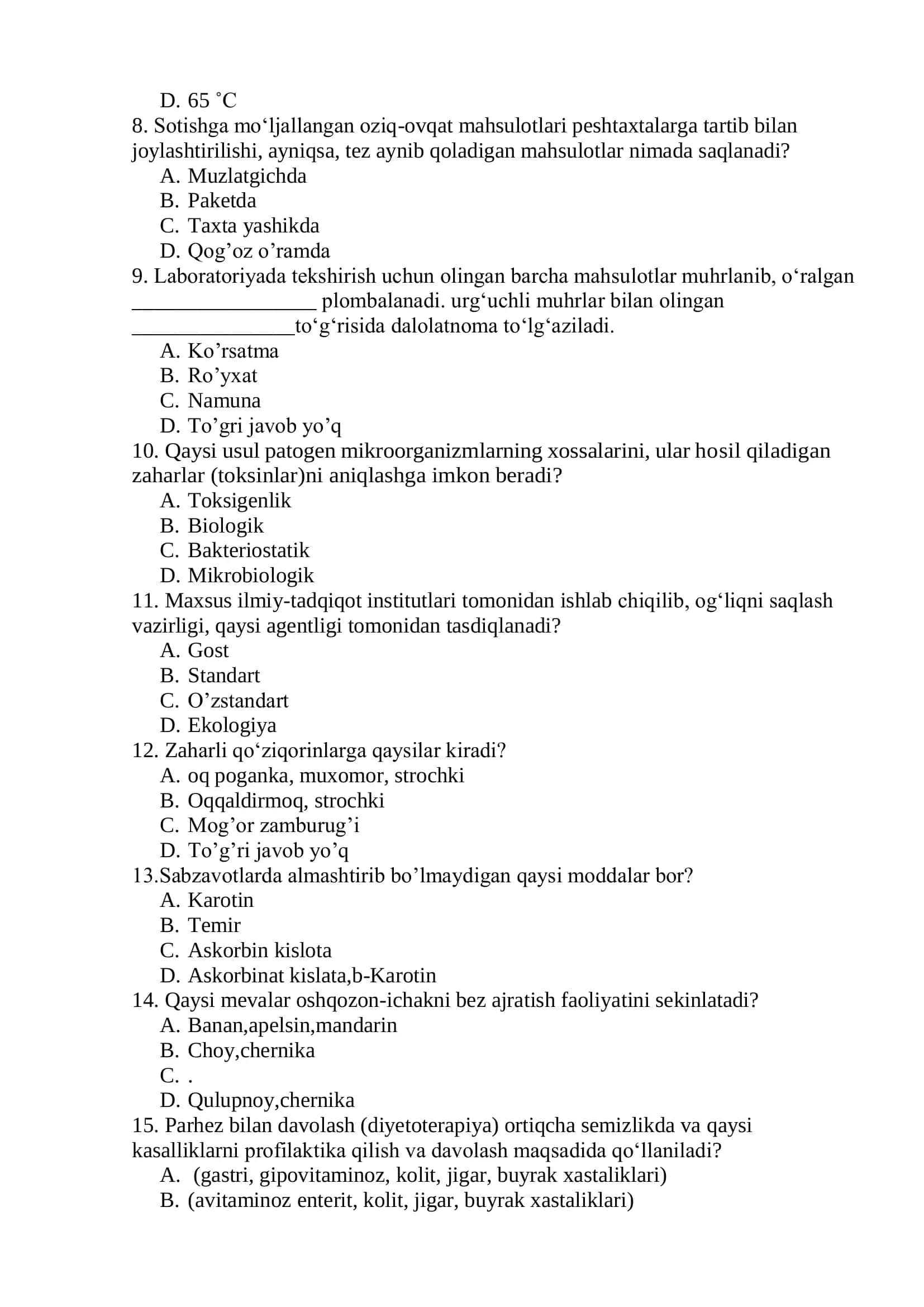 Nutritsiologiya fanidan test savollari 2