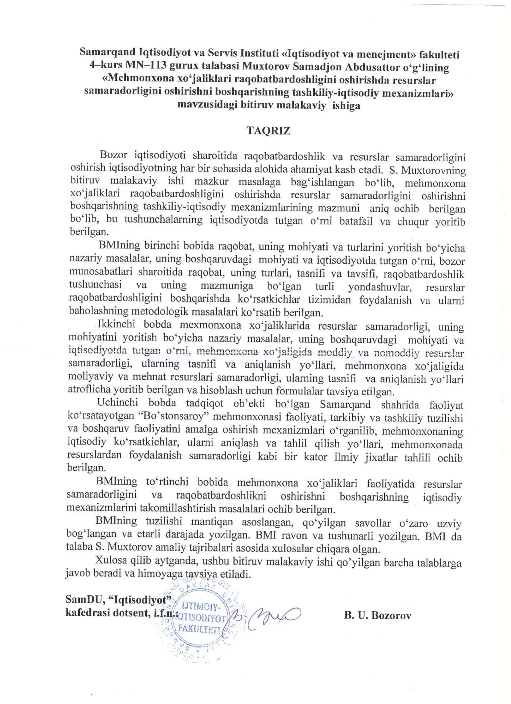 «Bo‘ston turizm servis» MChJ misolida 2