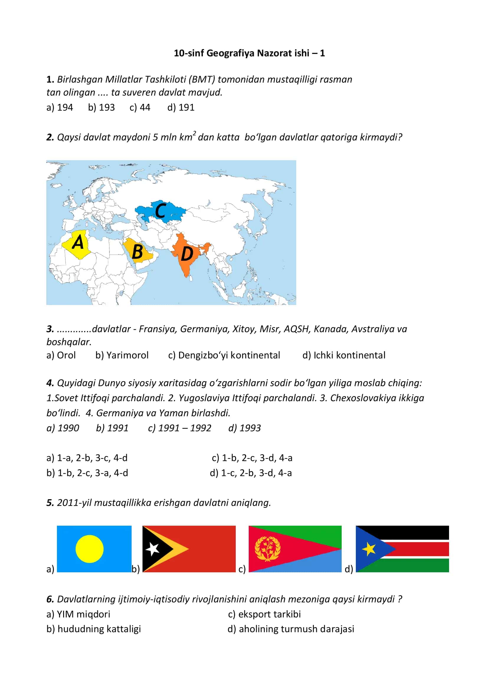 10-sinf Geografiya Nazorat ishi – 1 2