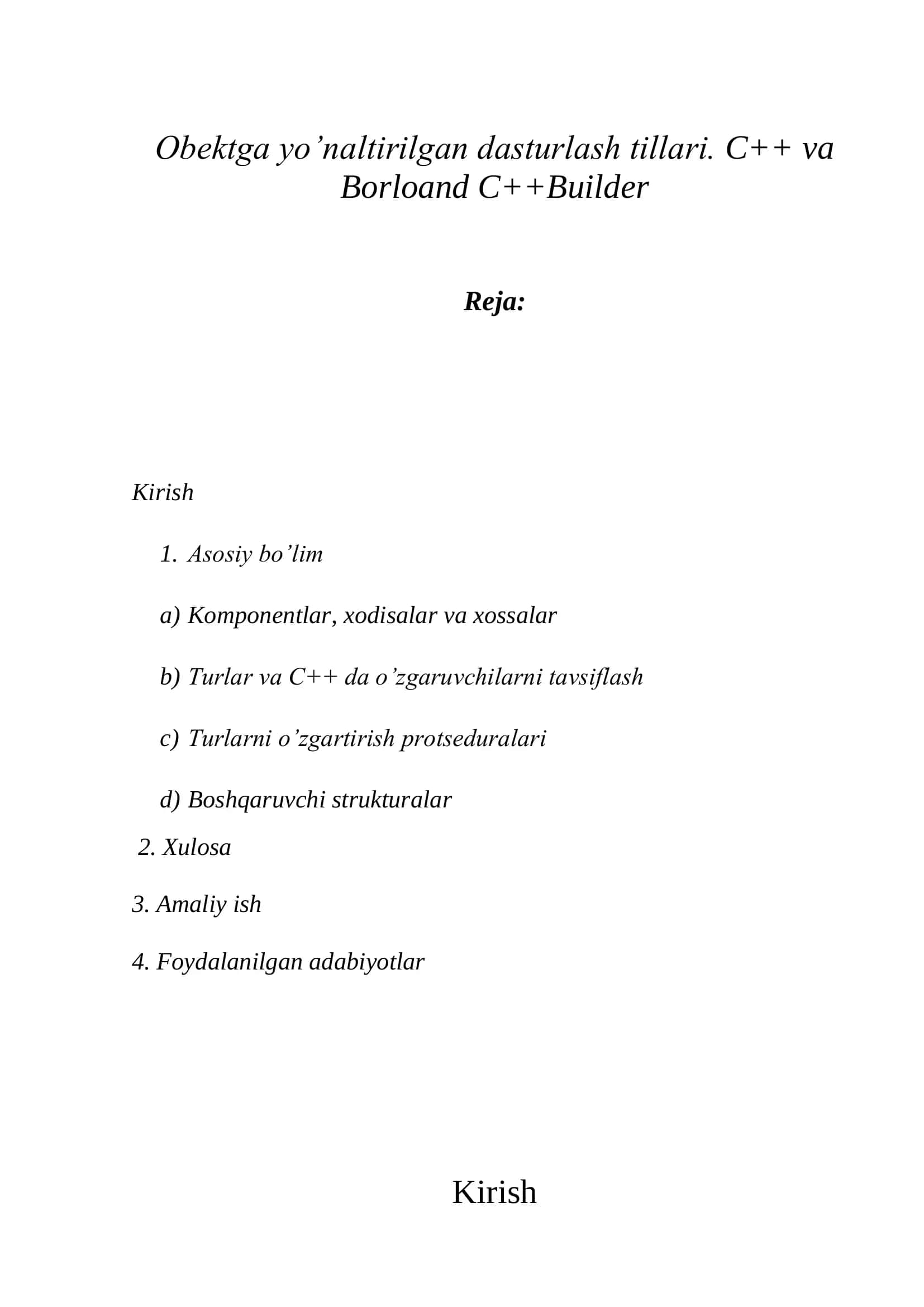 Obektga yo’naltirilgan dasturlash tillari. C++ va Borloand C++Builder 2
