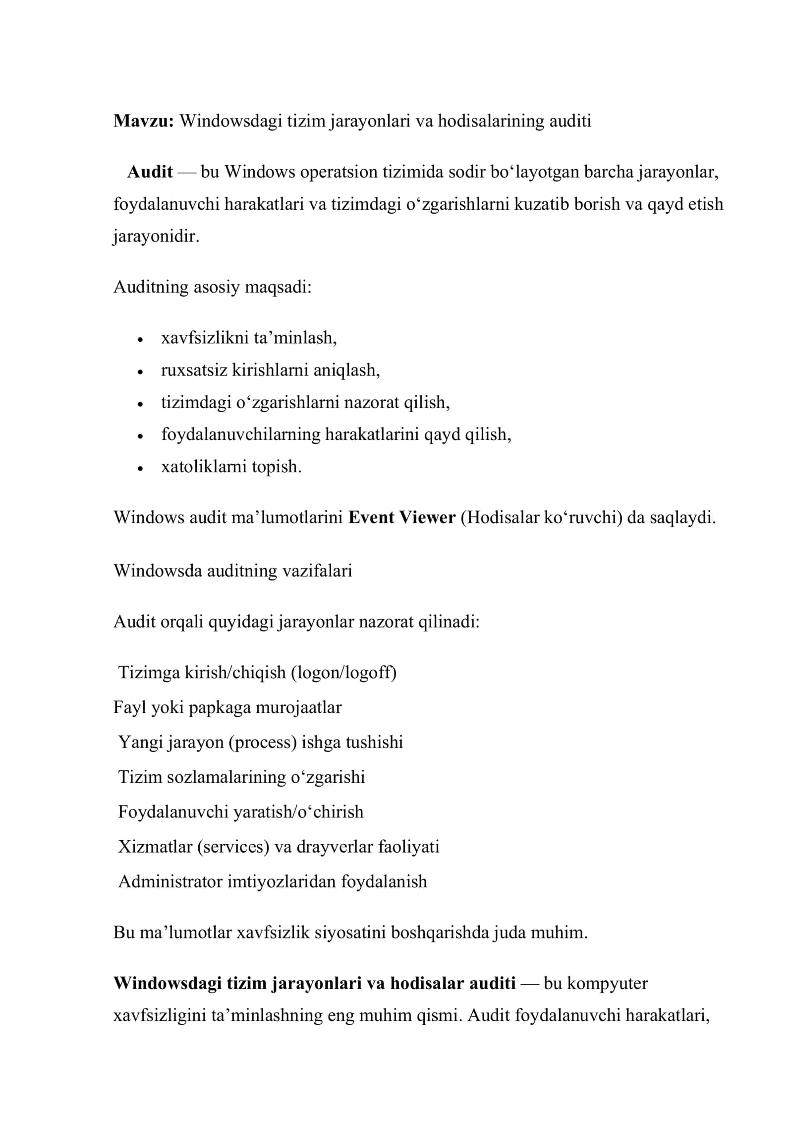 Windowsdagi tizim jarayonlari va hodisalarining auditi 2