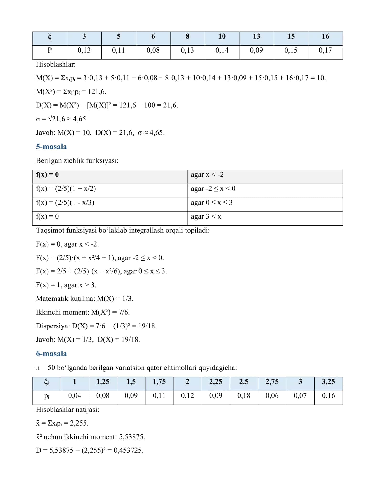 Ehtimollar nazariyasi va matematik statistika 2