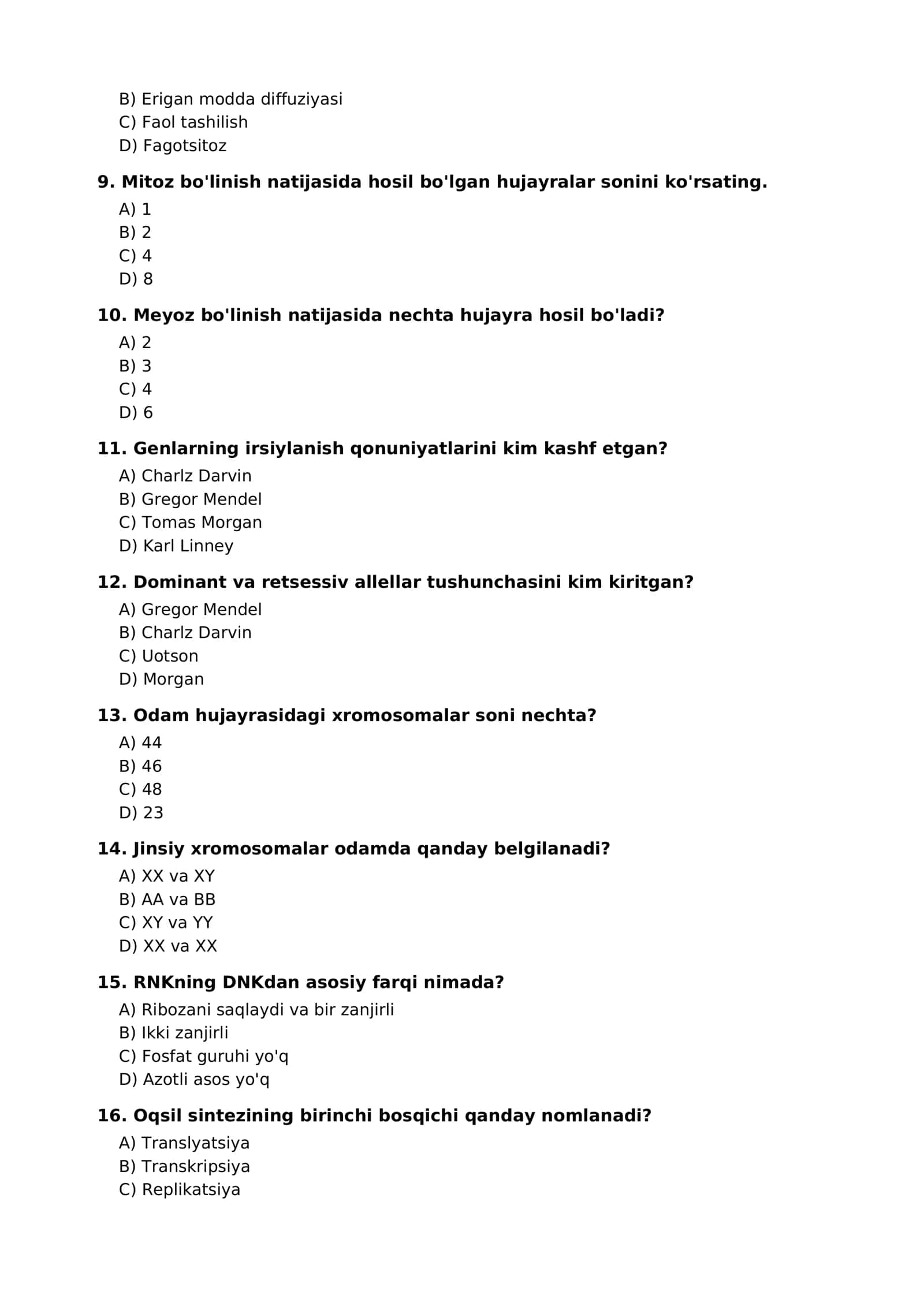 BIOLOGIYA FANIDAN TEST SAVOLLARI 2