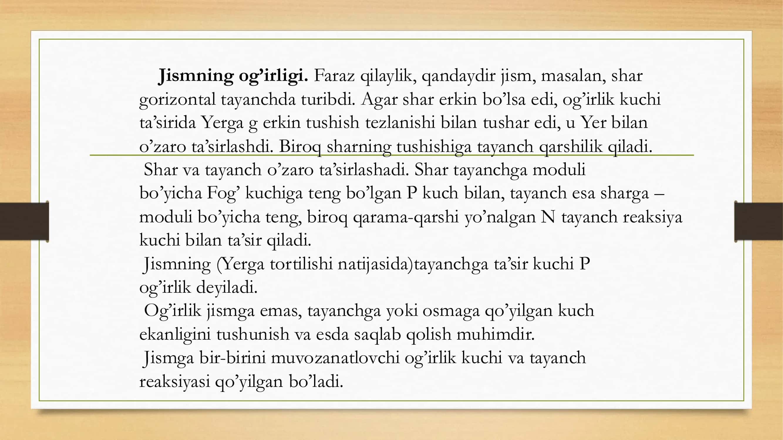 Jism og‘irligining harakat turiga bog‘liqligi. Jismning  bir  necha  kuch  ta’siridagi  harakati 2