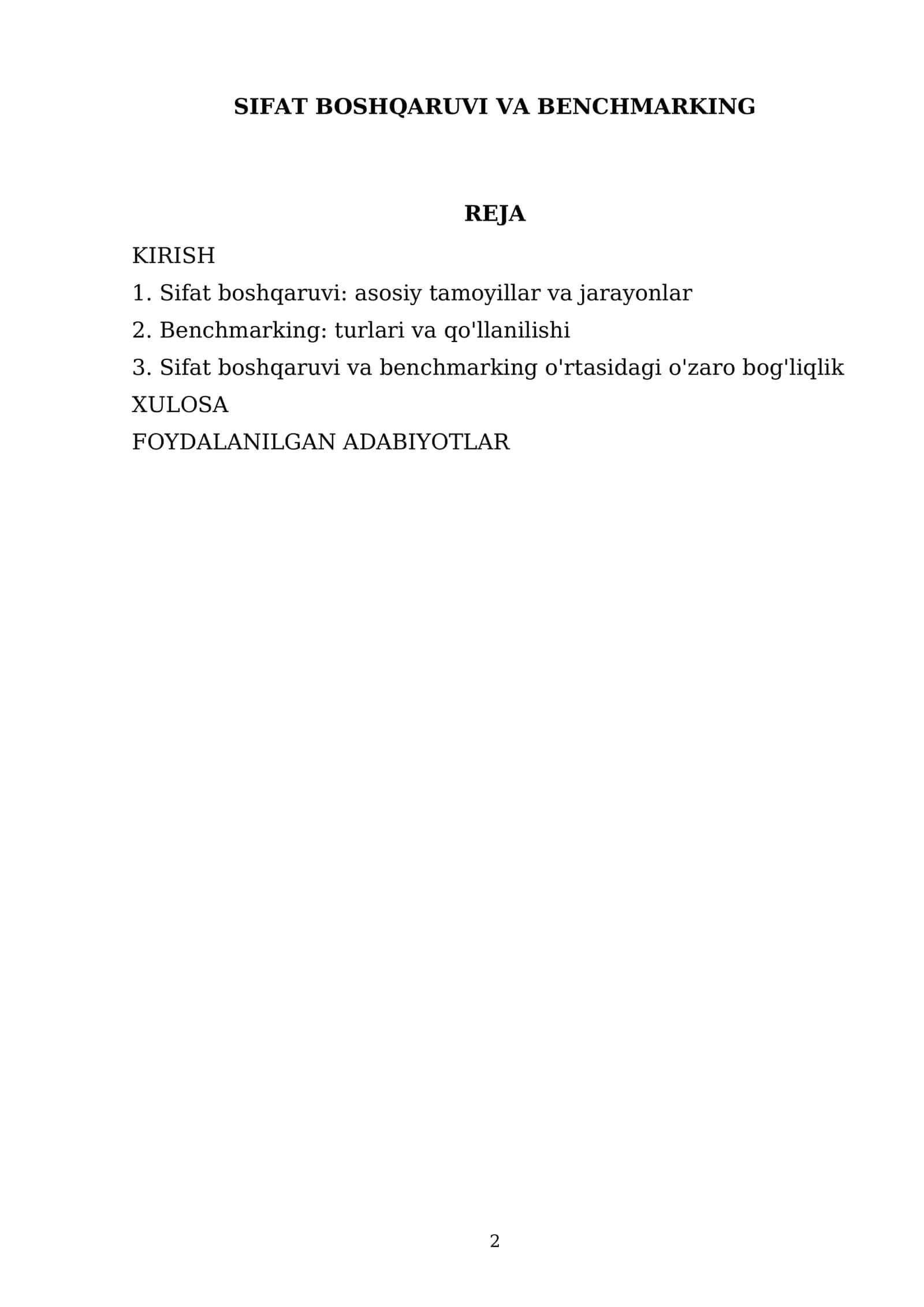 SIFAT BOSHQARUVI VA BENCHMARKING 2