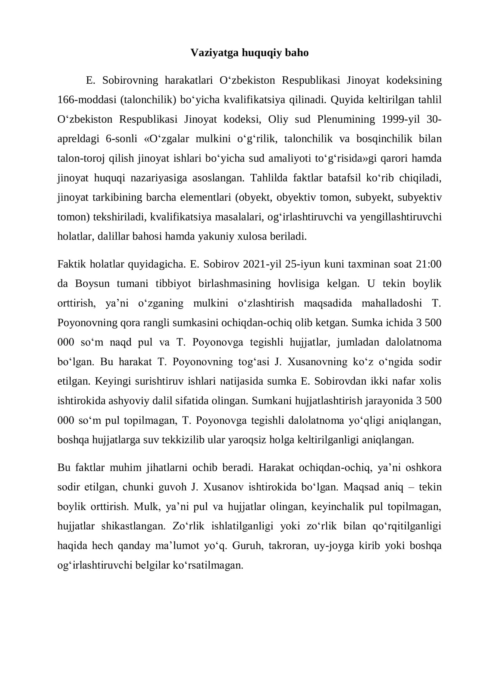 O‘zbekiston Respublikasi Jinoyat kodeksining 166-moddasi kazus 2