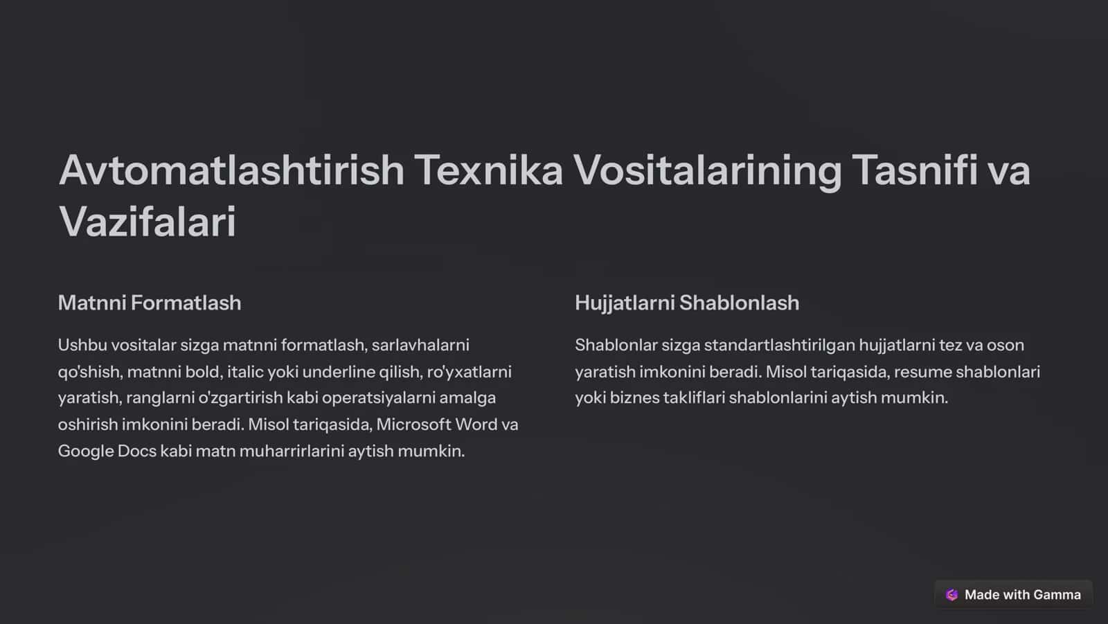 Avtomatlashtirilgan Vositalar va Shablonlar 2