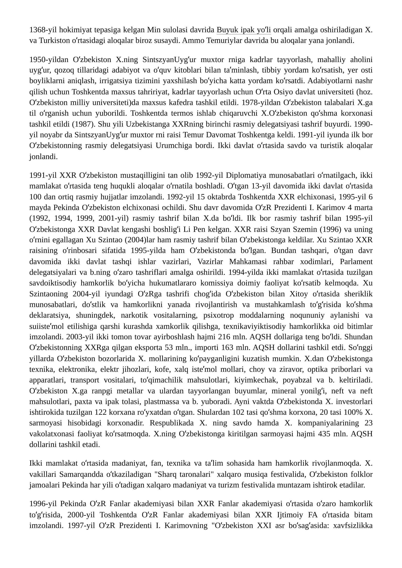 Oʻzbekiston - Xitoy Xalq Respublikasi munosabatlari 2
