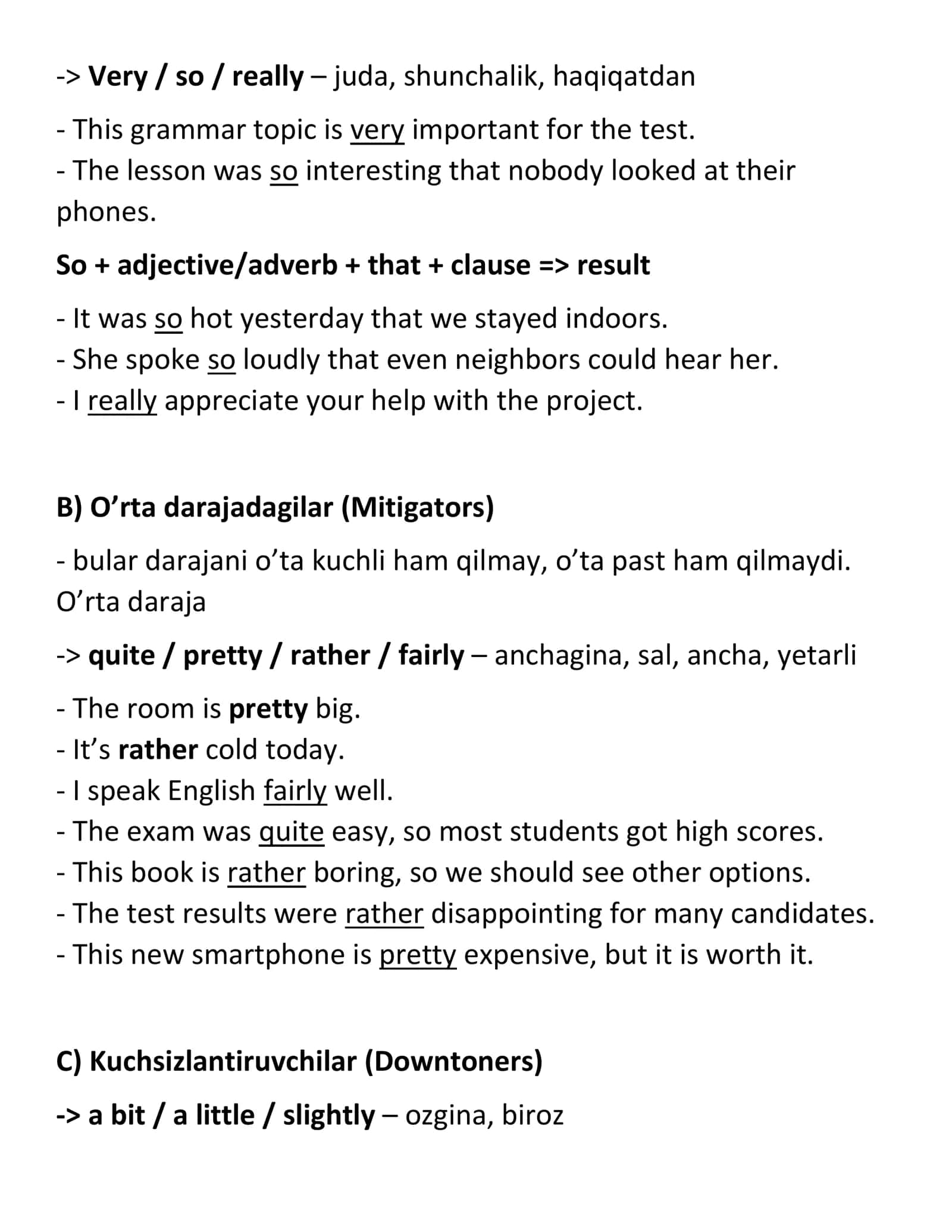 Adverbs of degree – daraja ravishlari 2
