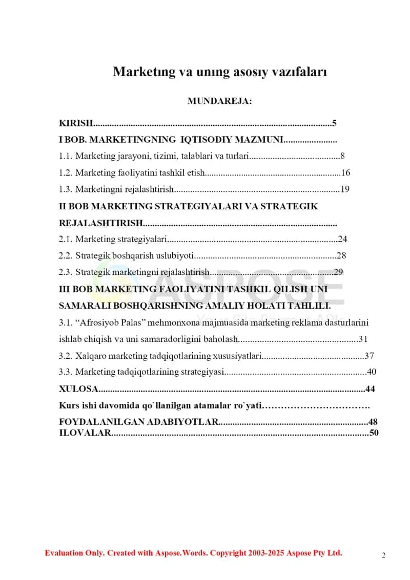 Marketing bo‘yicha kurs ishi 2