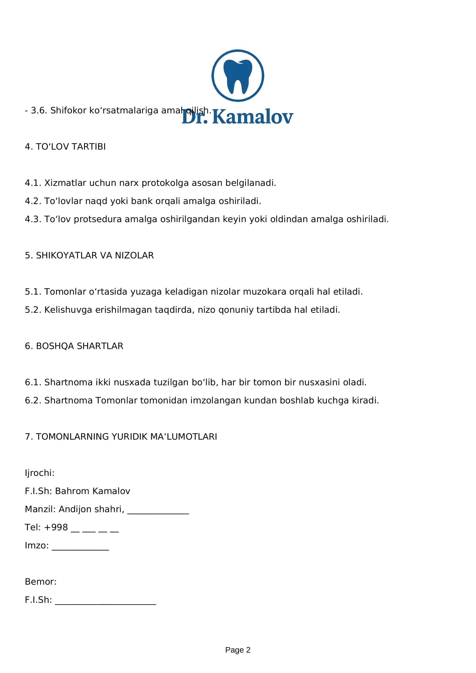 TIBBIY XIZMATLAR KO‘RSATISH SHARTNOMASI 2