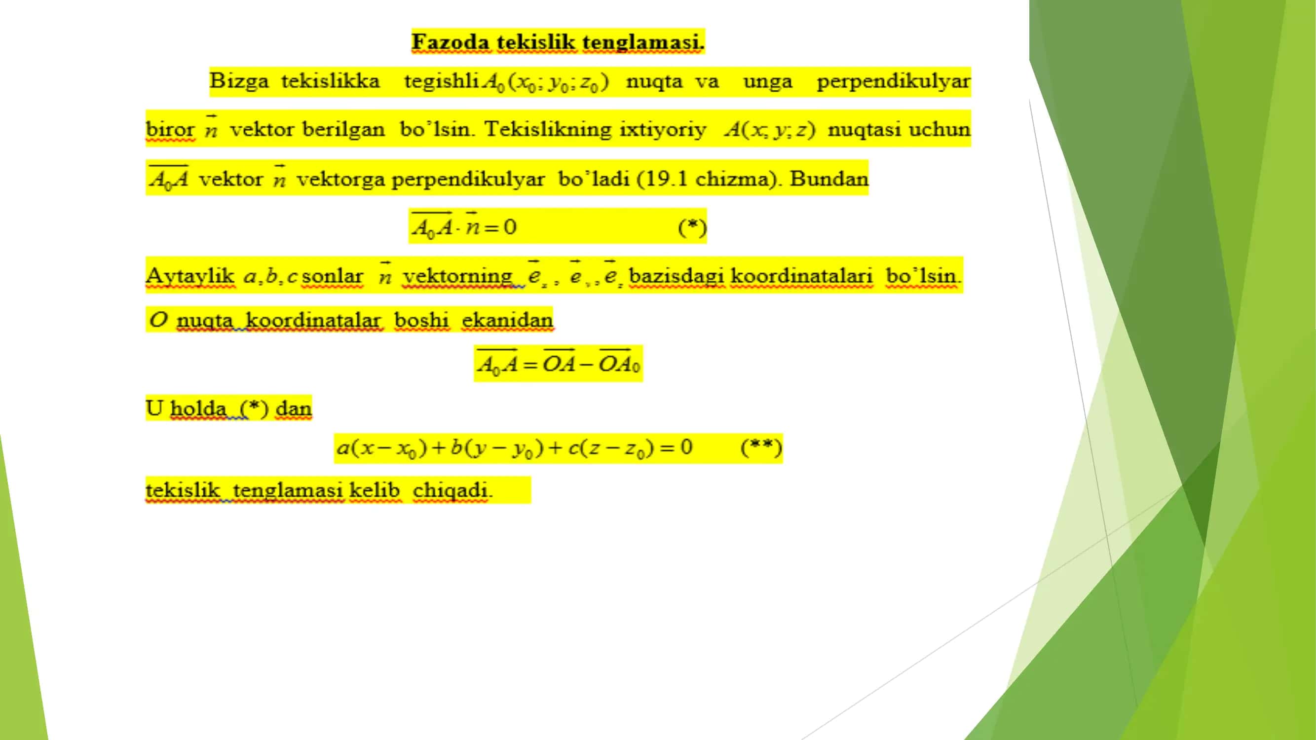 FAZODA TO’G’RI CHIZIQ VA TEKISLIK TENGLAMALARI 2