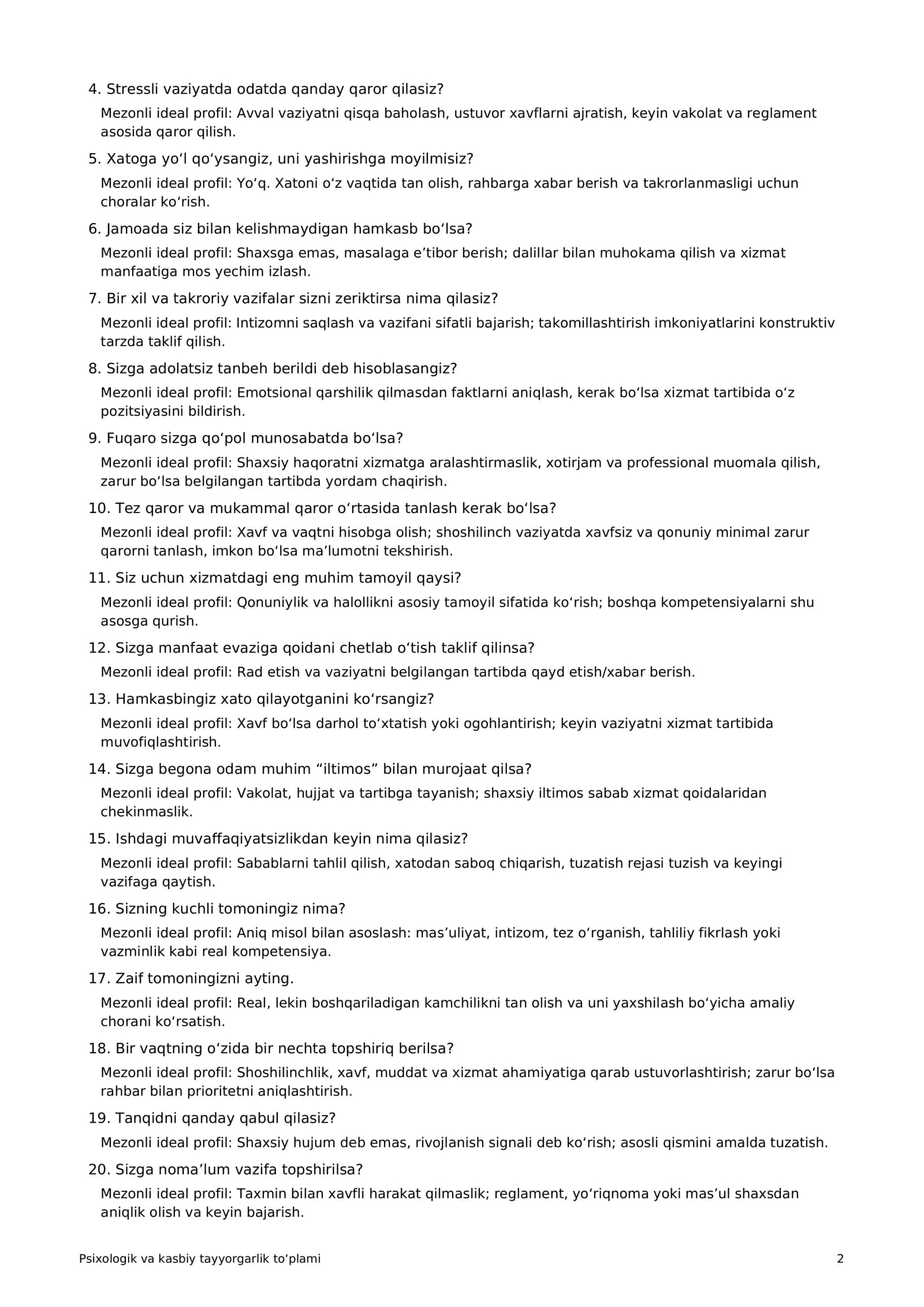 Bojxona va IIVga ishga kirish uchun Psixologik va Kasbiy Testlar | 40 ta topshiriq 2