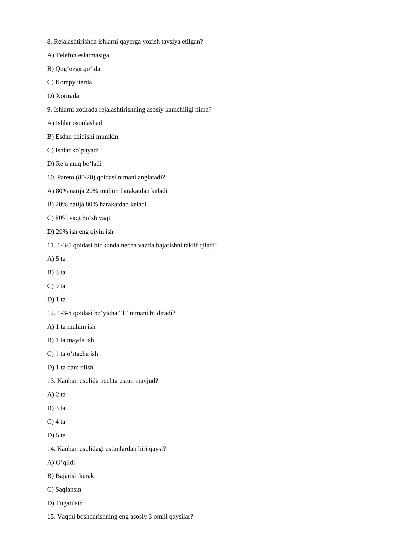 TAYM-MENEJMENT – TEST SAVOLLARI (20 ta) 2