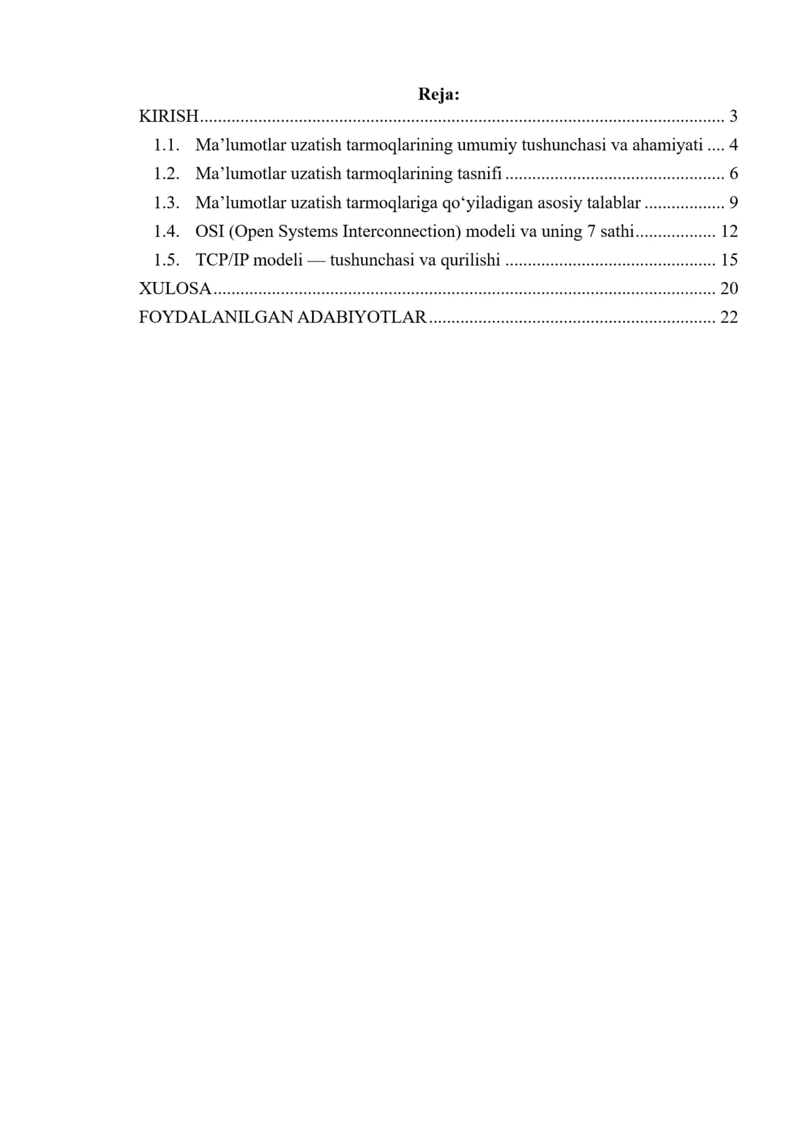Ma’lumotlar uzatish tarmoqlarini tasniflanishi va ularga qo‘yiladigan talablar. OSI va TCP/IP tarmoq modellari 2