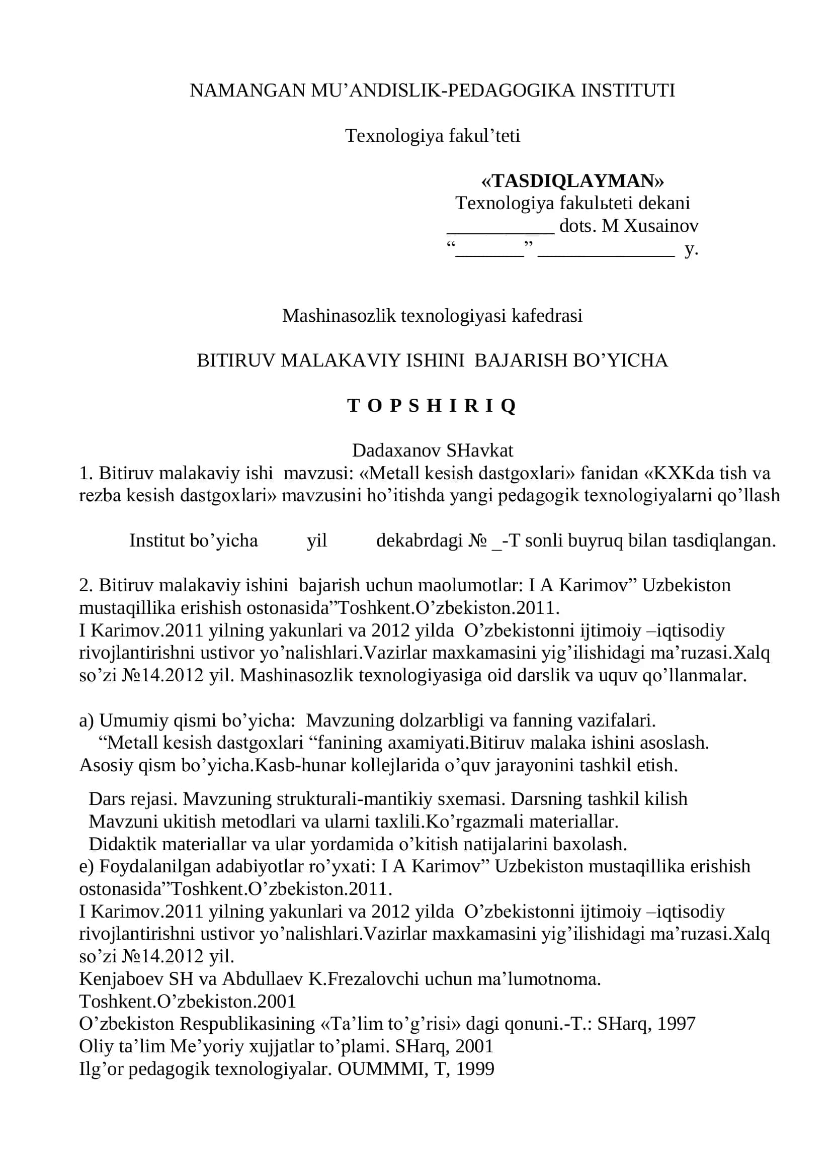 Metall kesish dastgoxlari fanidan "KXKda tish va rezba kesish dastgoxlari" mavzusini ho'itishda yangi pedagogik texnologiyalarni qo'llash 2