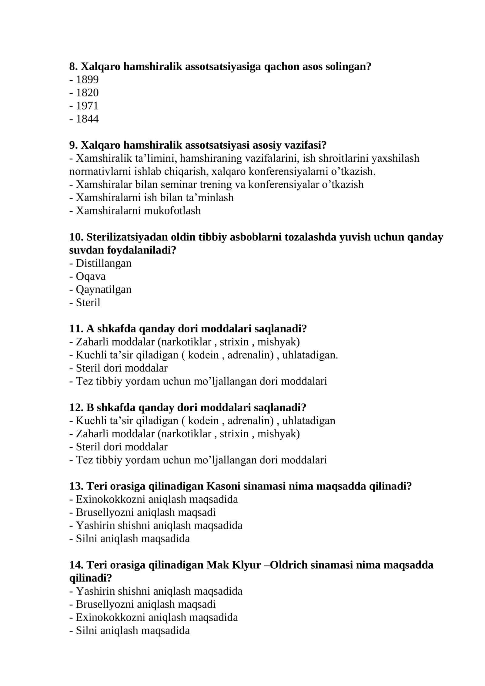 Xalqaro Hamshiralik Ishi Test Savollari Ro'yxati 2