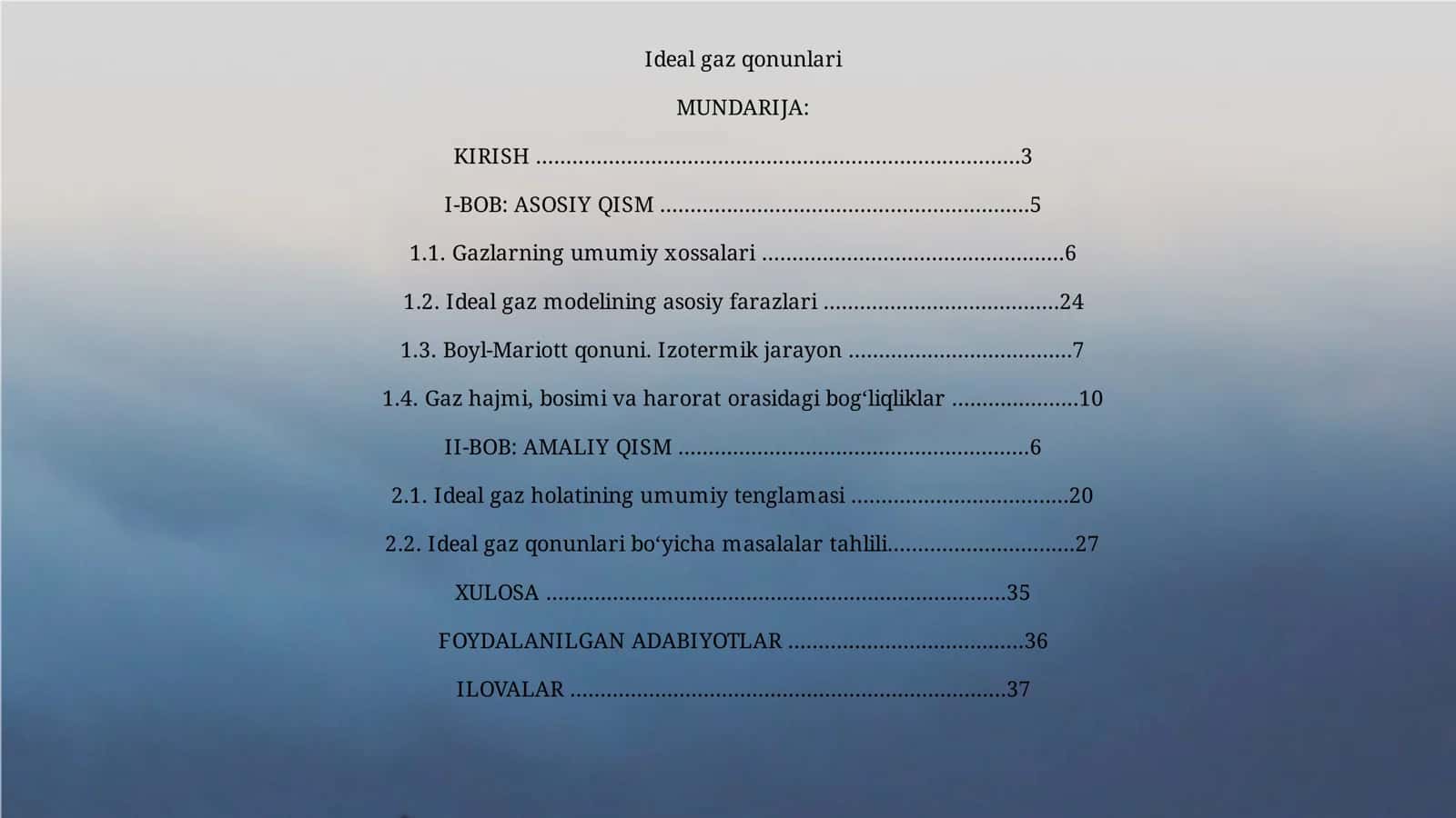 "IDEAL GAZ QONUNLARI" MAVZUSIDA TAYYORLAGAN KURS ISHI HIMOYASI UCHUN SLAYD TAQDIMOTI 2