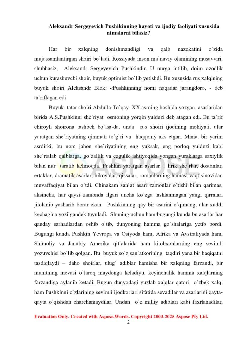 Aleksandr Sergeyevich Pushkin yaratgan ertak dostonlarda ilgari surulgan g'oyalar 2