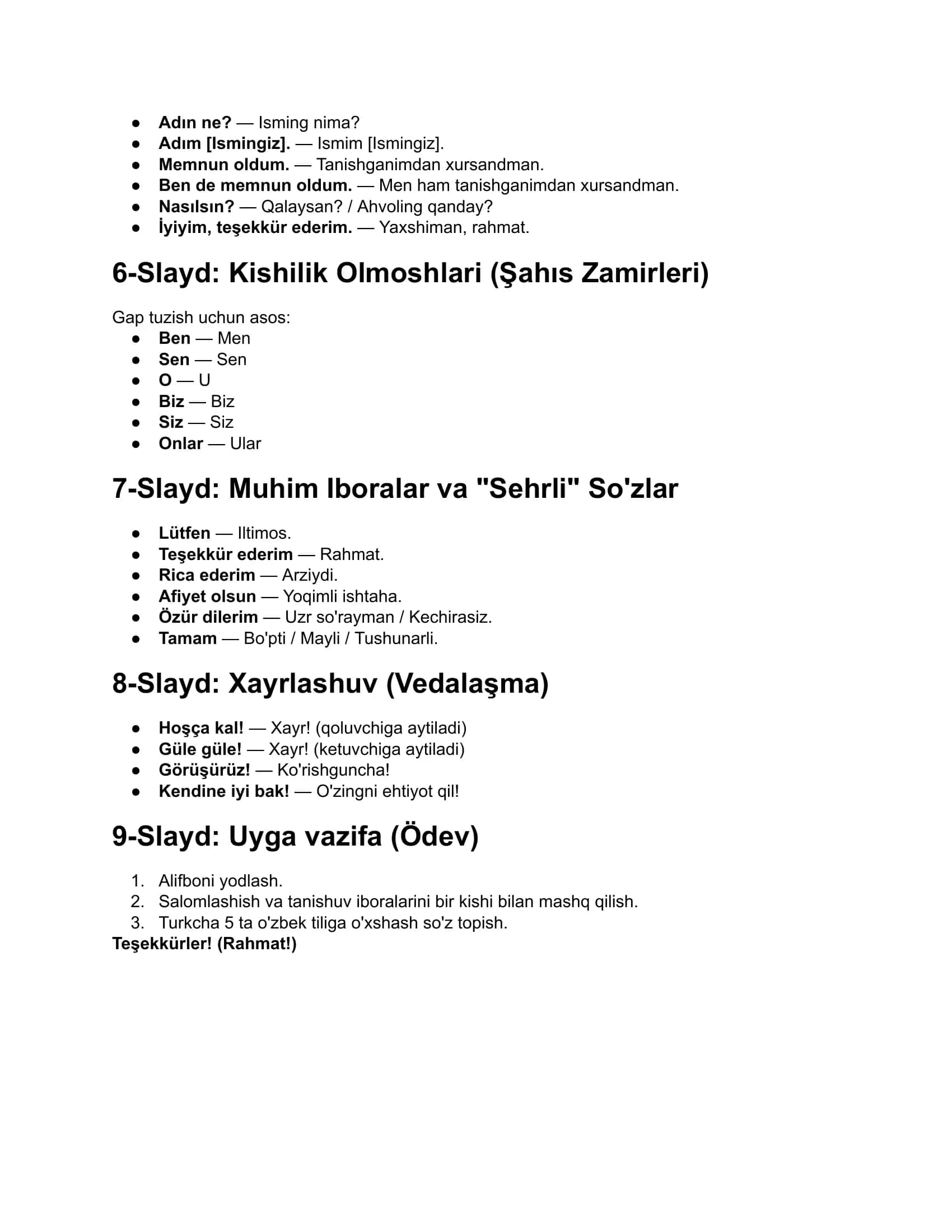 Turk tili mustaqil oʻqish uchun birinchi dars 2
